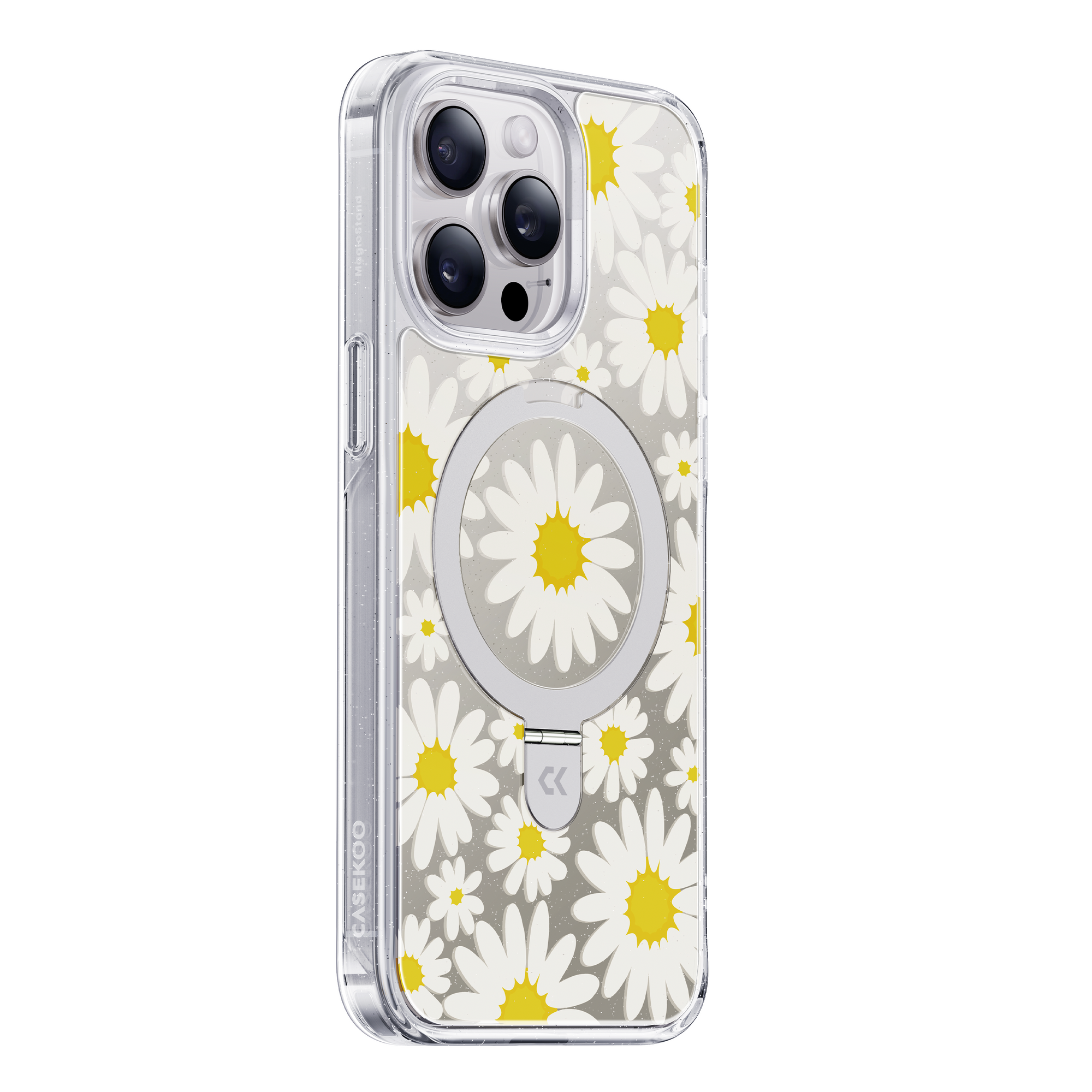 side view of glitter daisy magic stand iphone case showing the design