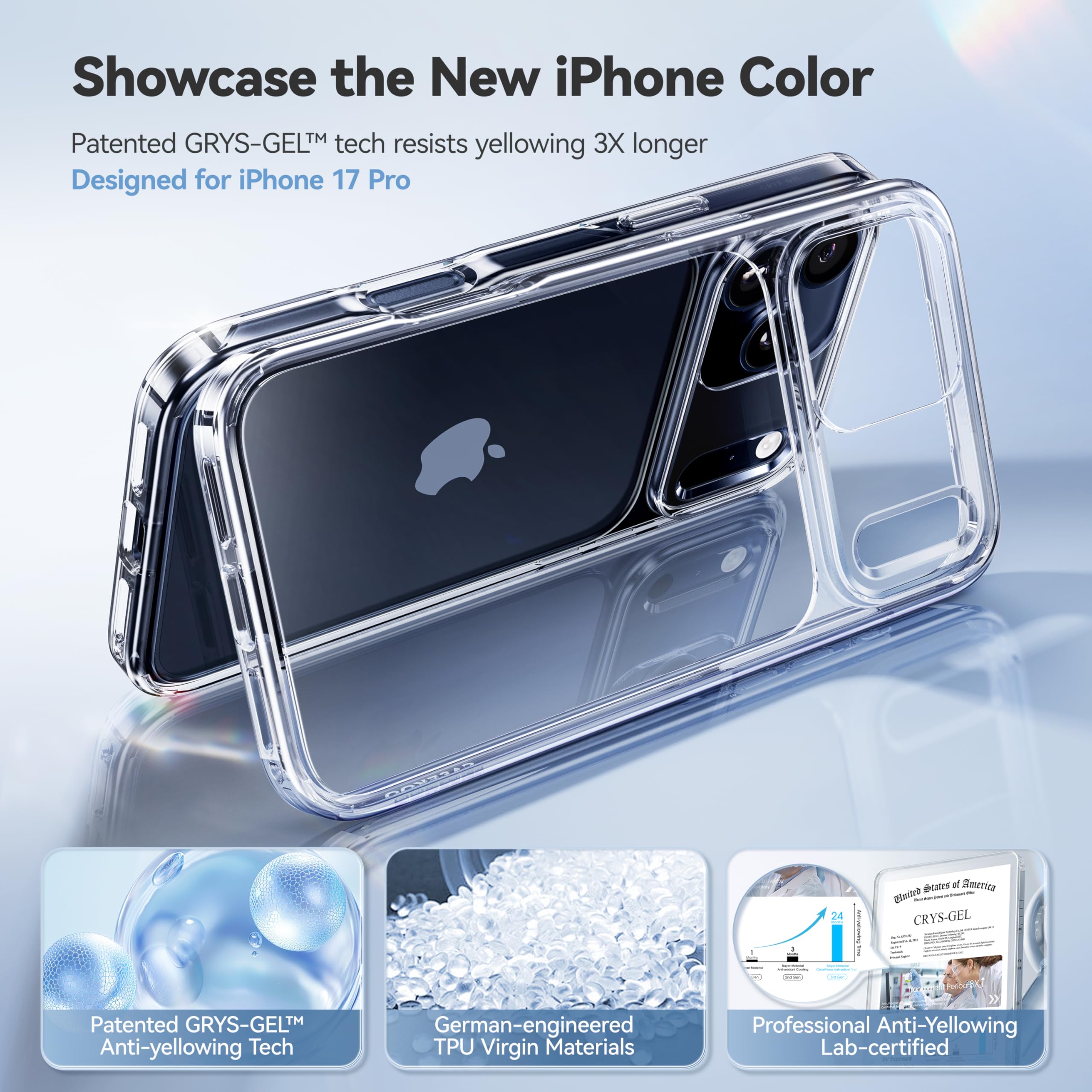 casekoo crystal clear iphone 17 pro case showcasing crys-gel anti-yellowing technology and german tpu materials