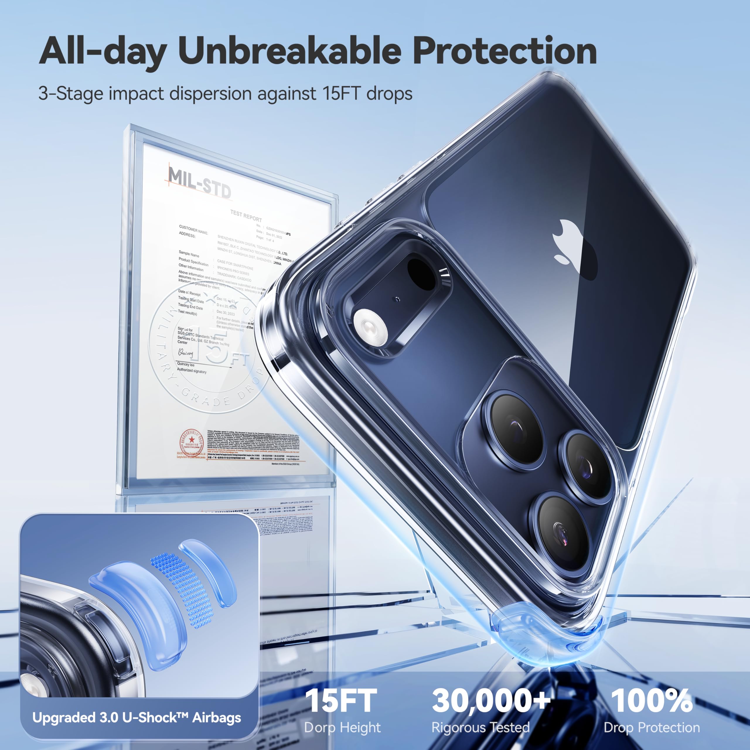 casekoo crystal clear iphone 17 case with u-shock airbags and 15ft military grade drop protection