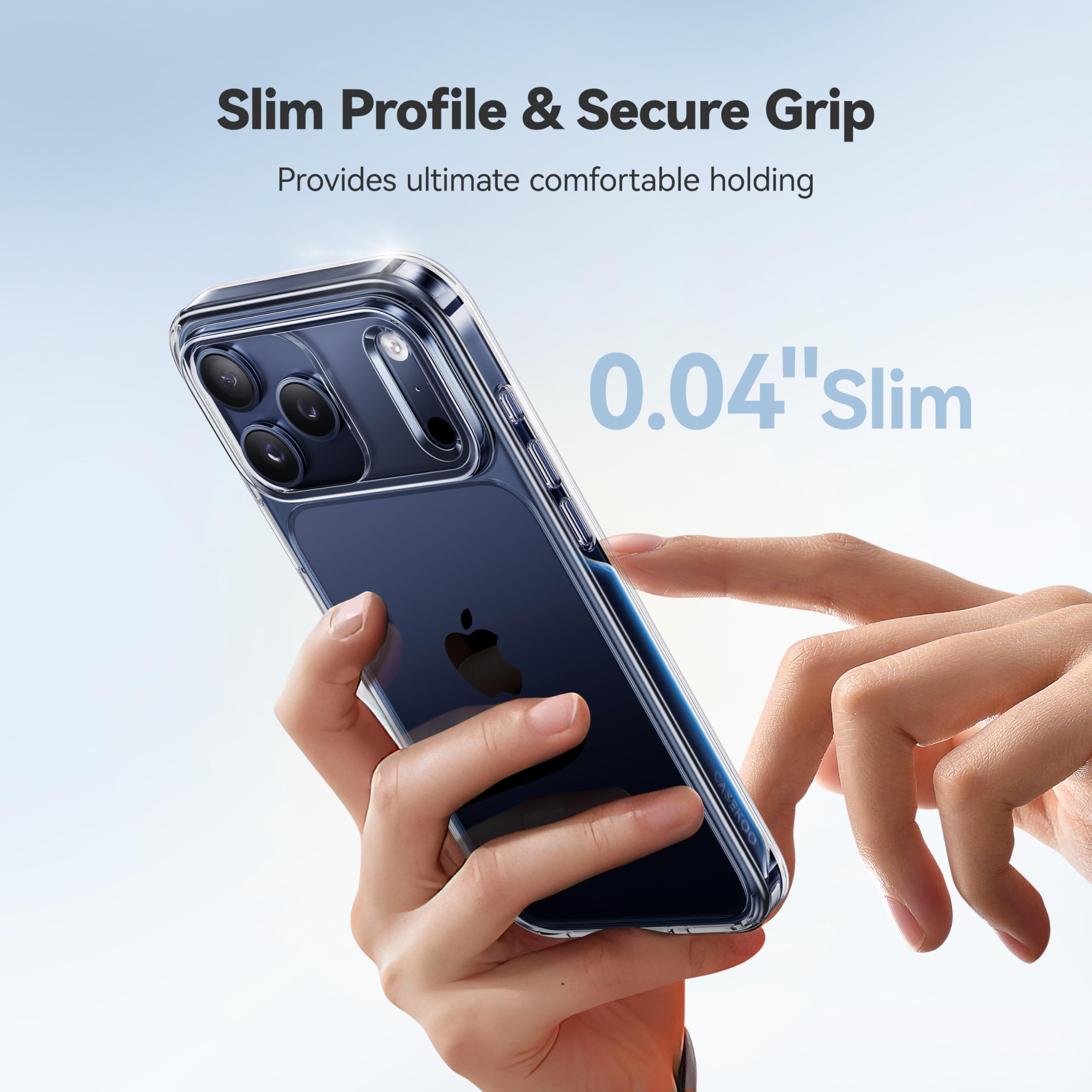 casekoo crystal clear iphone 17 case with slim profile and secure grip for comfortable holding