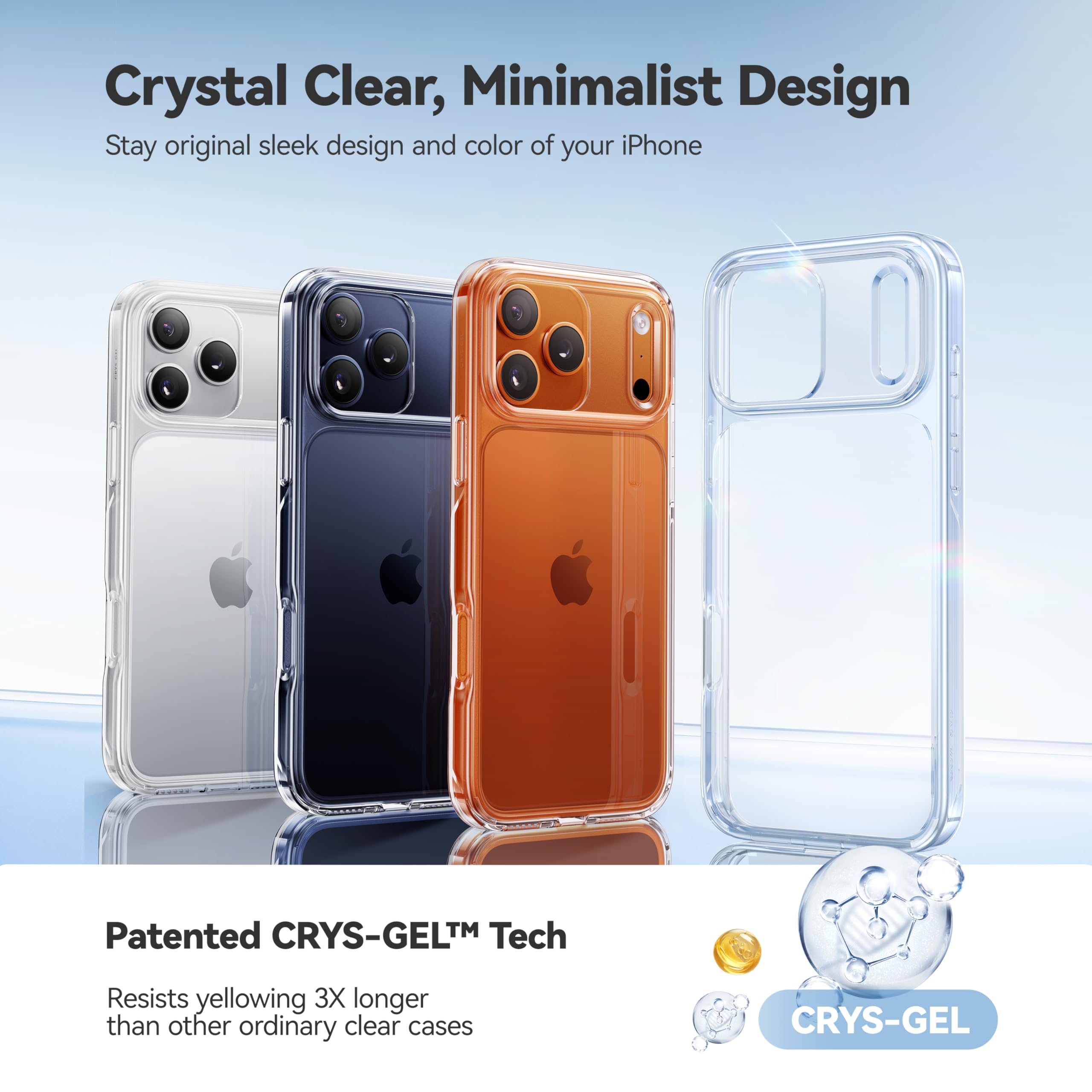 casekoo crystal clear iphone 17 series case with crys-gel anti-yellowing tech and minimalist design