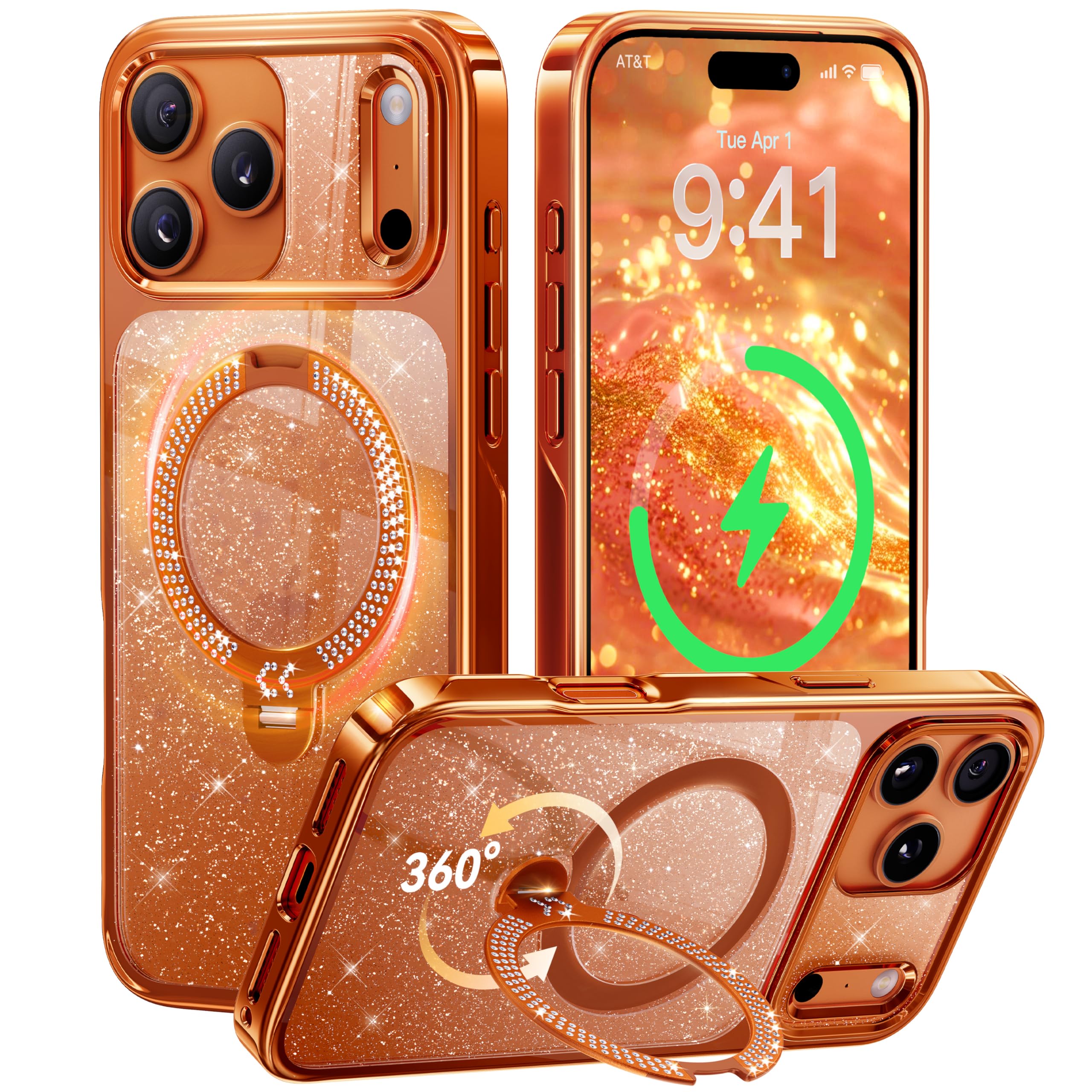 casekoo glitter gold magnetic ring stand phone case for iphone 17 with 360° rotation and magsafe charging compatible