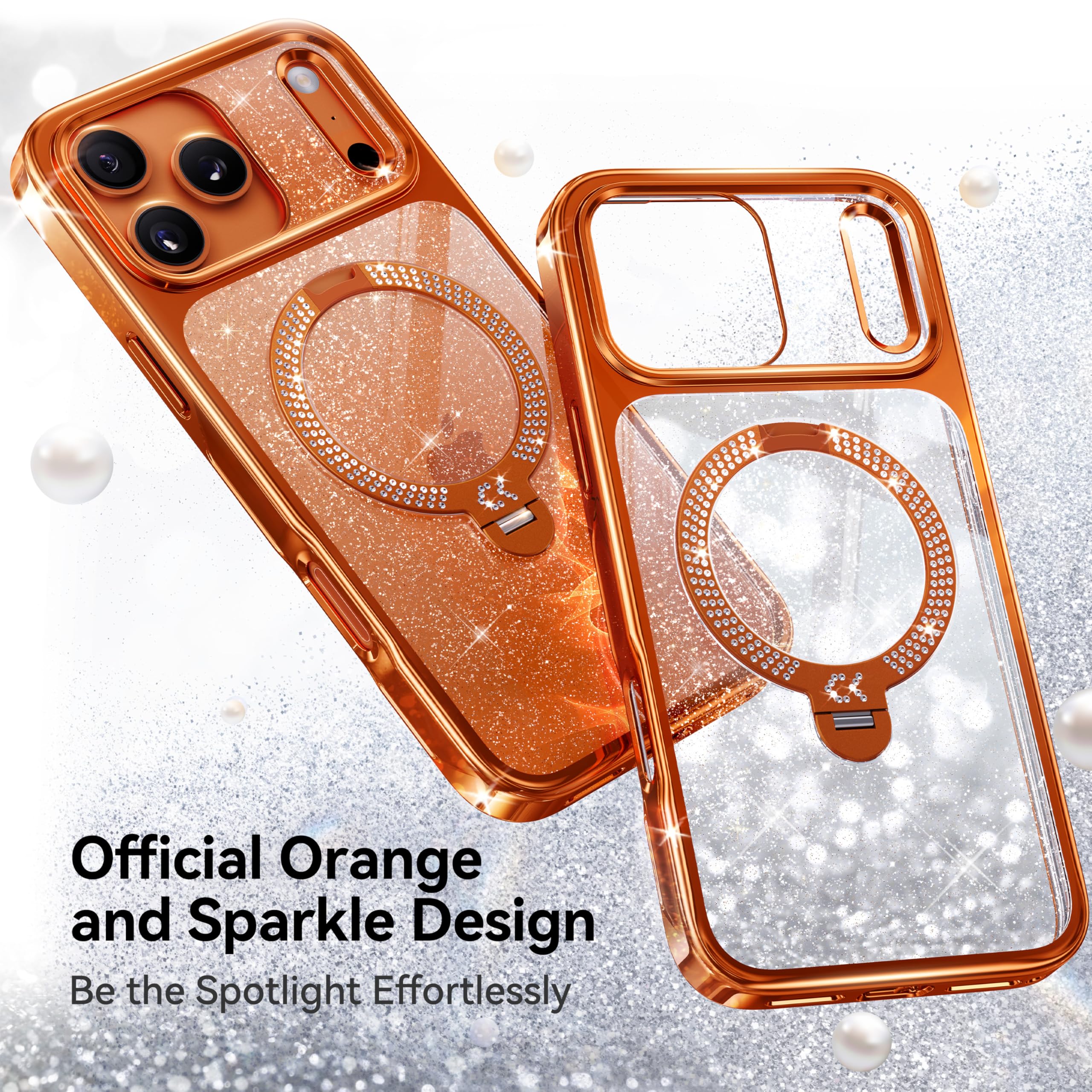 casekoo orange sparkle magnetic ring stand phone case for iphone 17 with glitter clear design