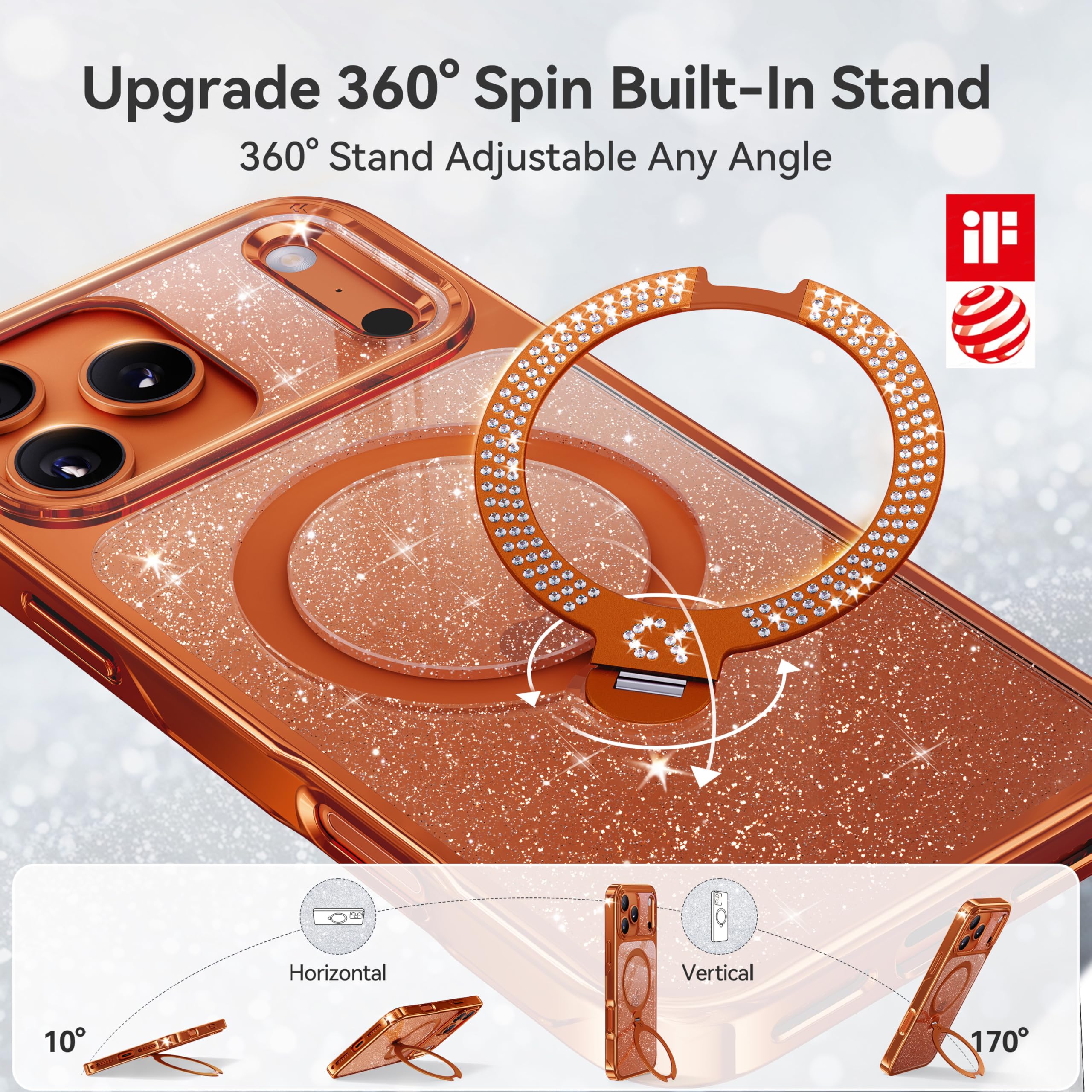 casekoo glitter gold iphone 17 phone case with 360° rotating magnetic ring stand adjustable for any angle