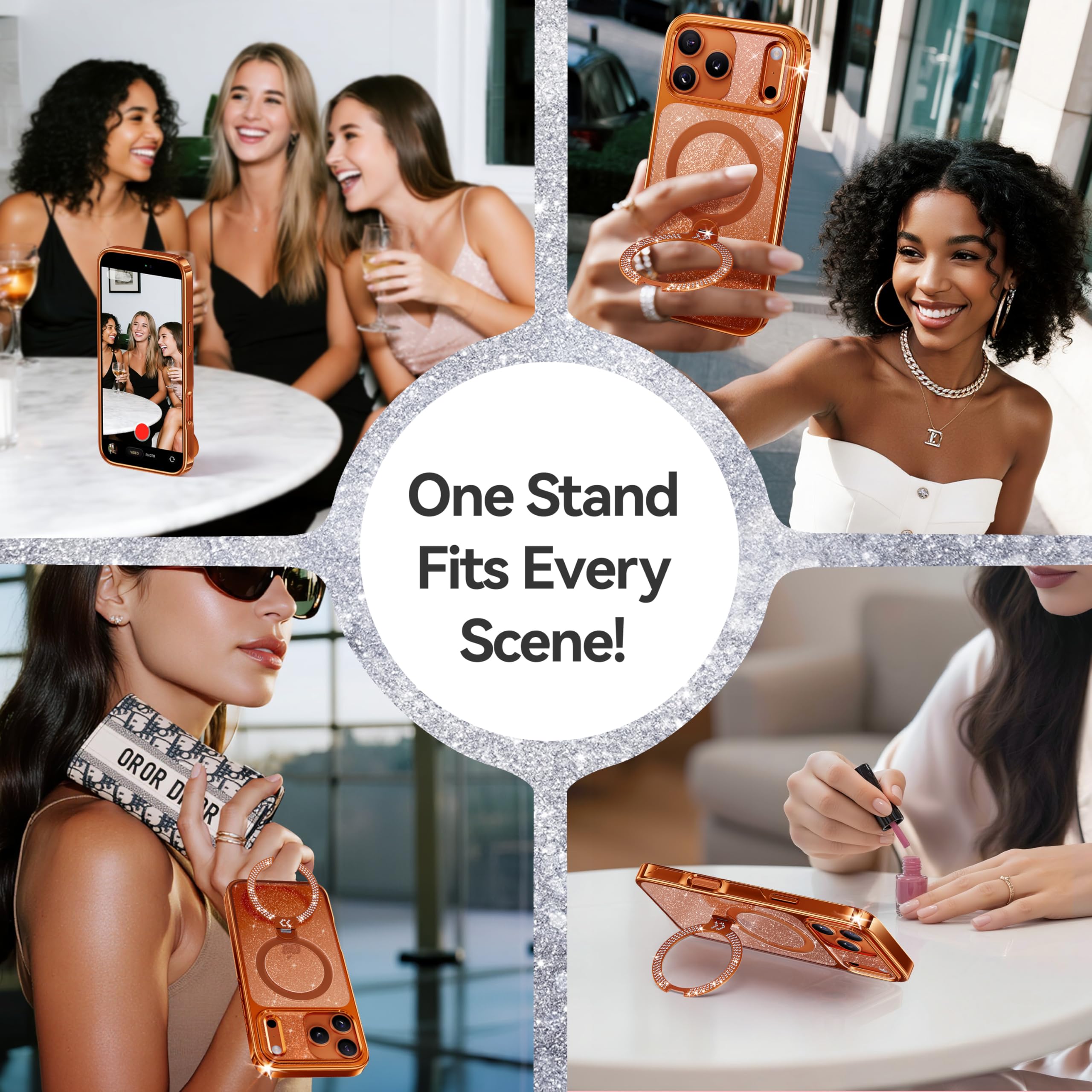 casekoo glitter gold magnetic ring stand phone case for iphone 17 used for selfies calls and daily scenes