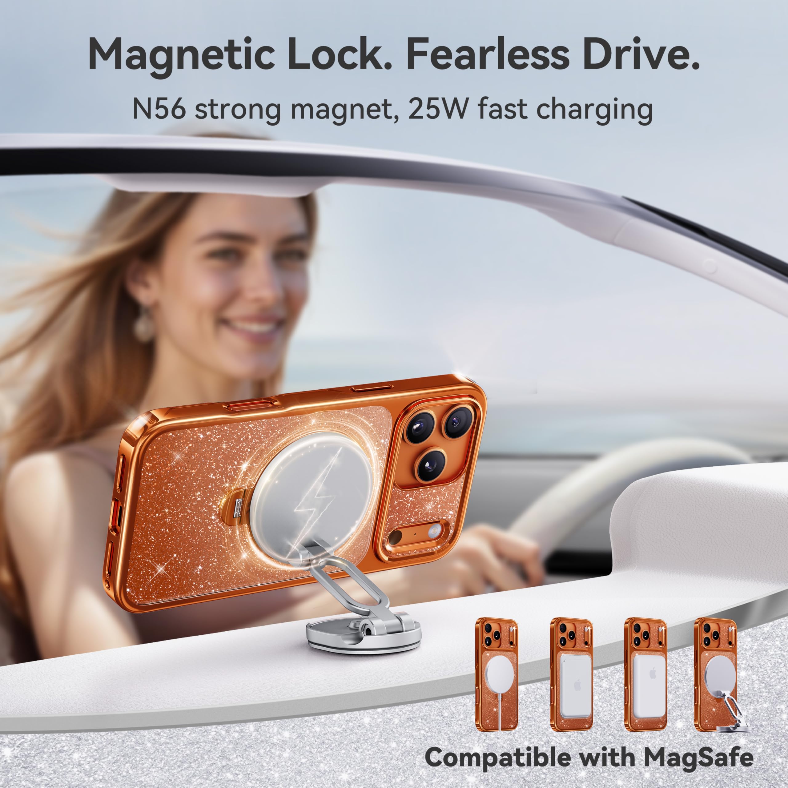 casekoo glitter gold magnetic phone case for iphone 17 with magsafe compatibility and strong n56 magnet for car mount