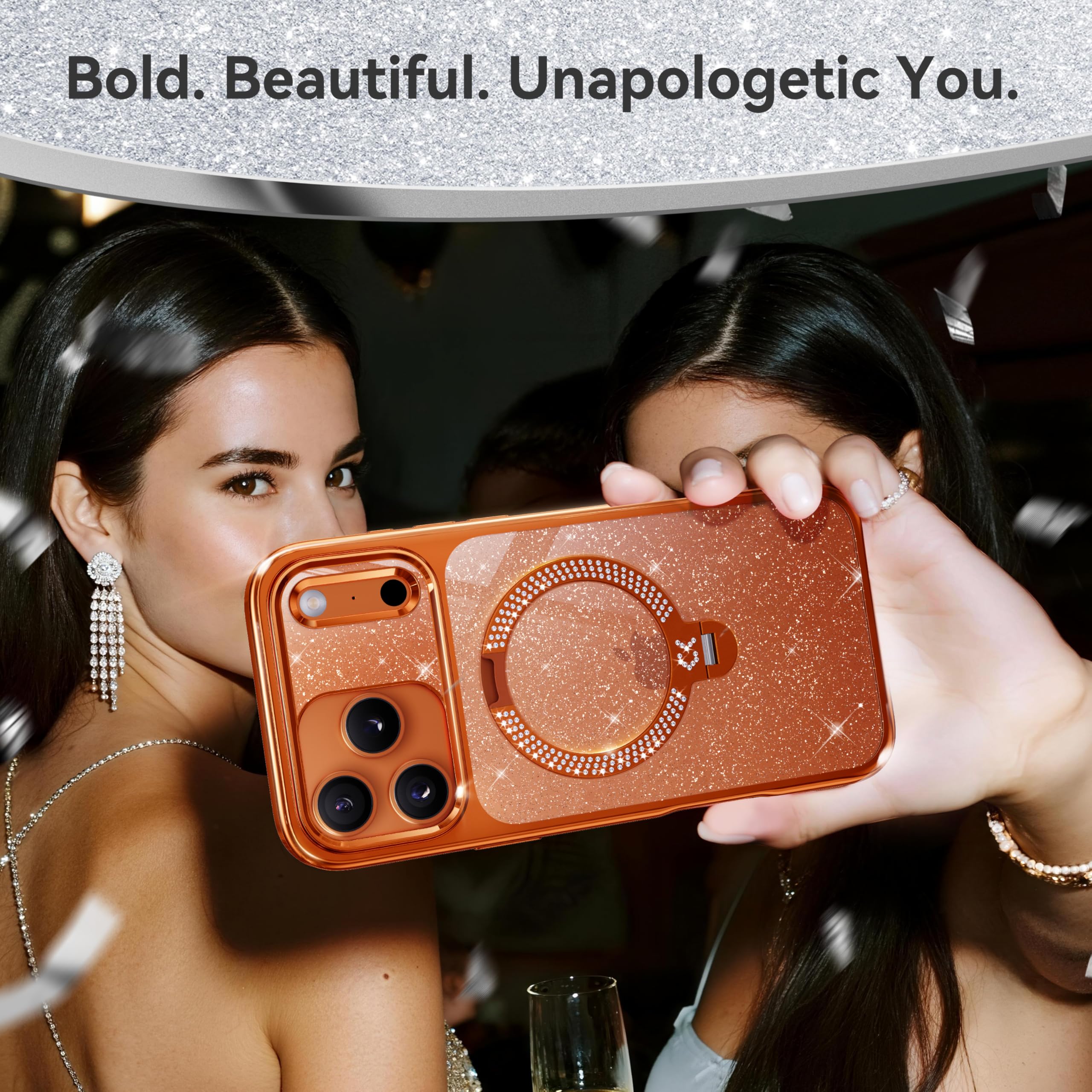 casekoo glitter gold magnetic ring stand phone case for iphone 17 stylish design for party and selfie scenes