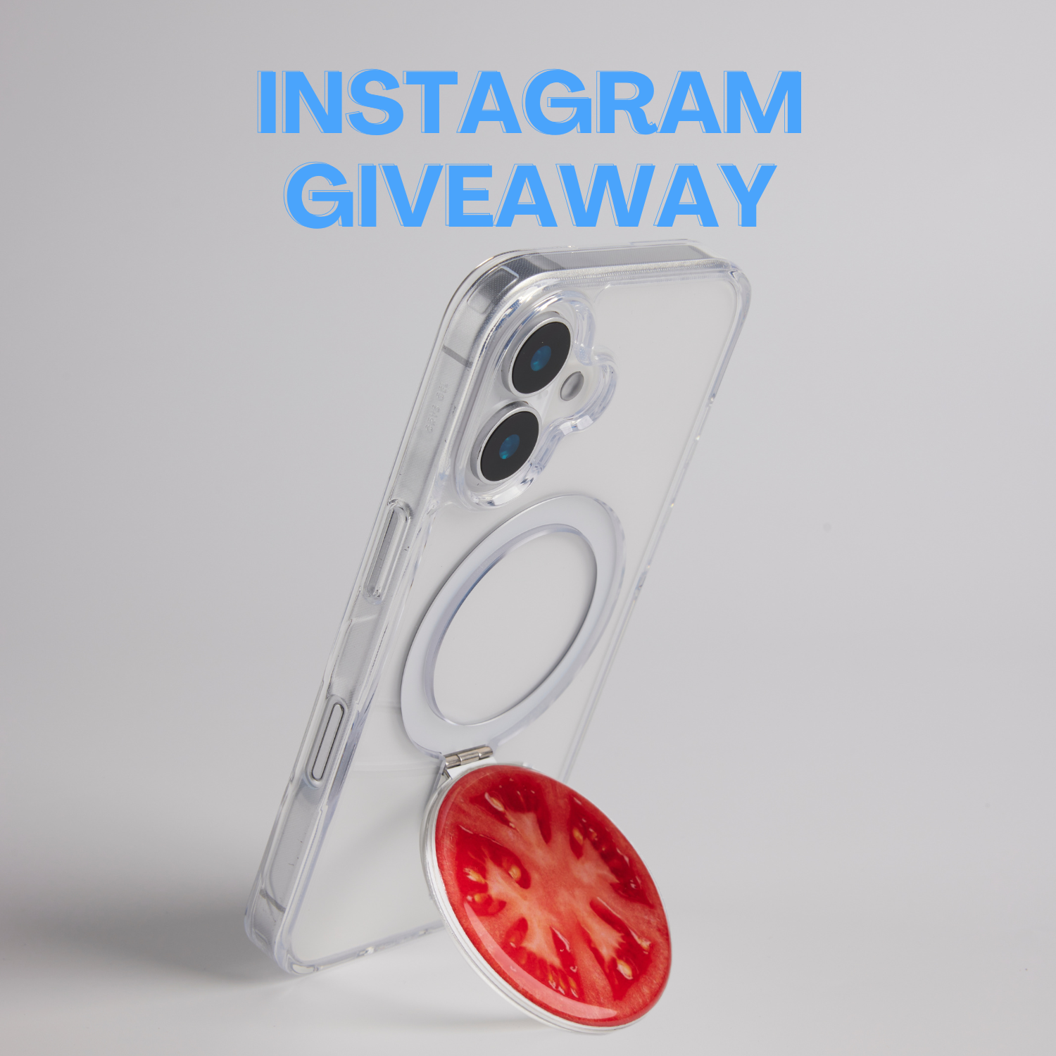 a picture shows a magic stand phone case with text"instagram giveaway"