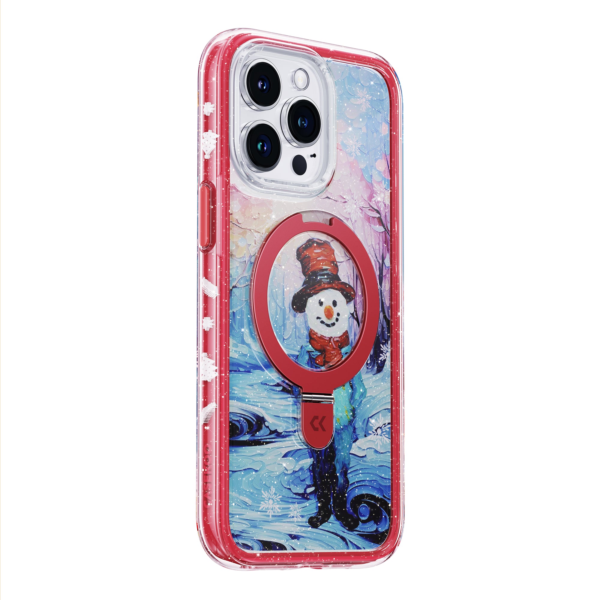 side view of christmas snowman air cushion iphone case showing the design