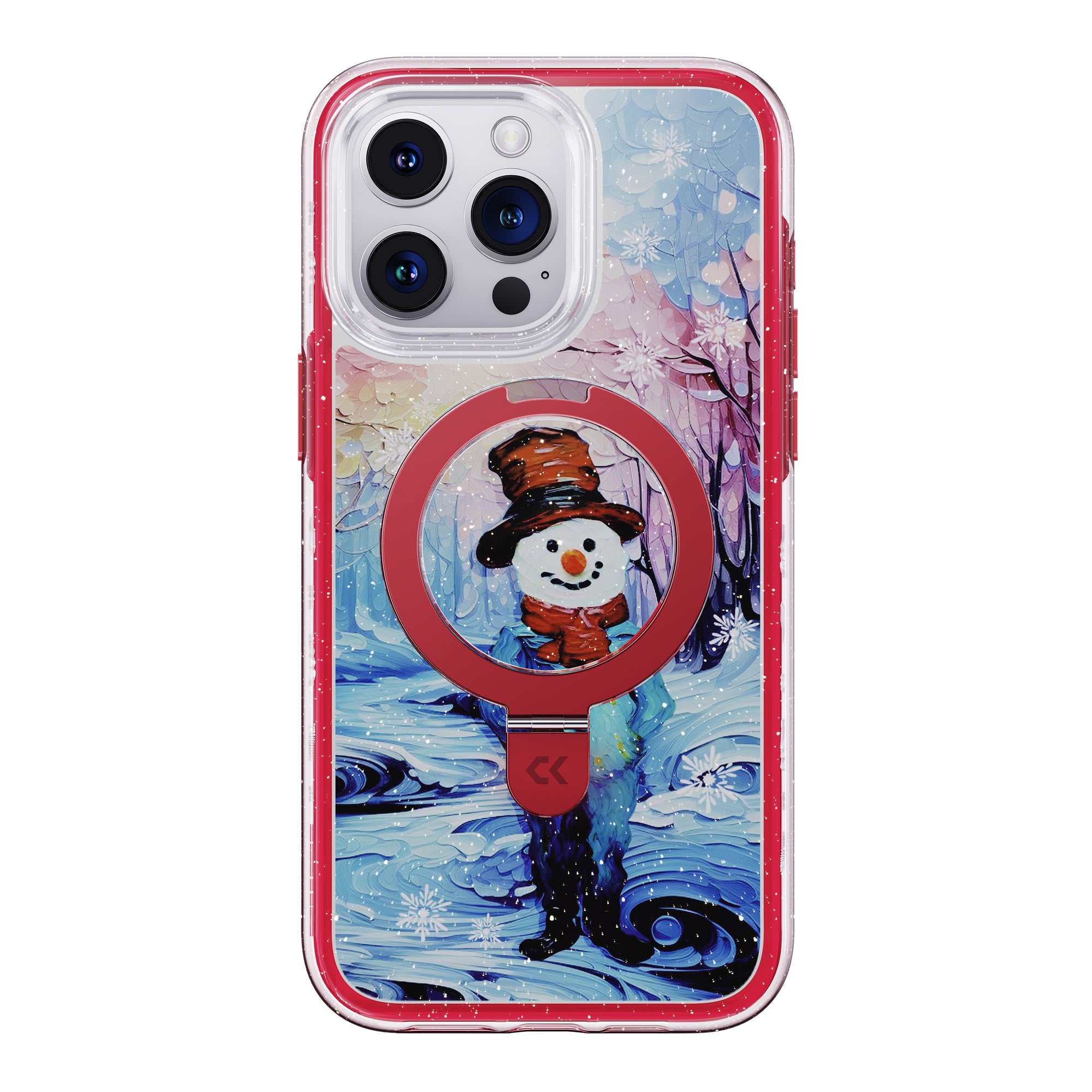 front view of christmas snowman air cushion iphone case showing the design