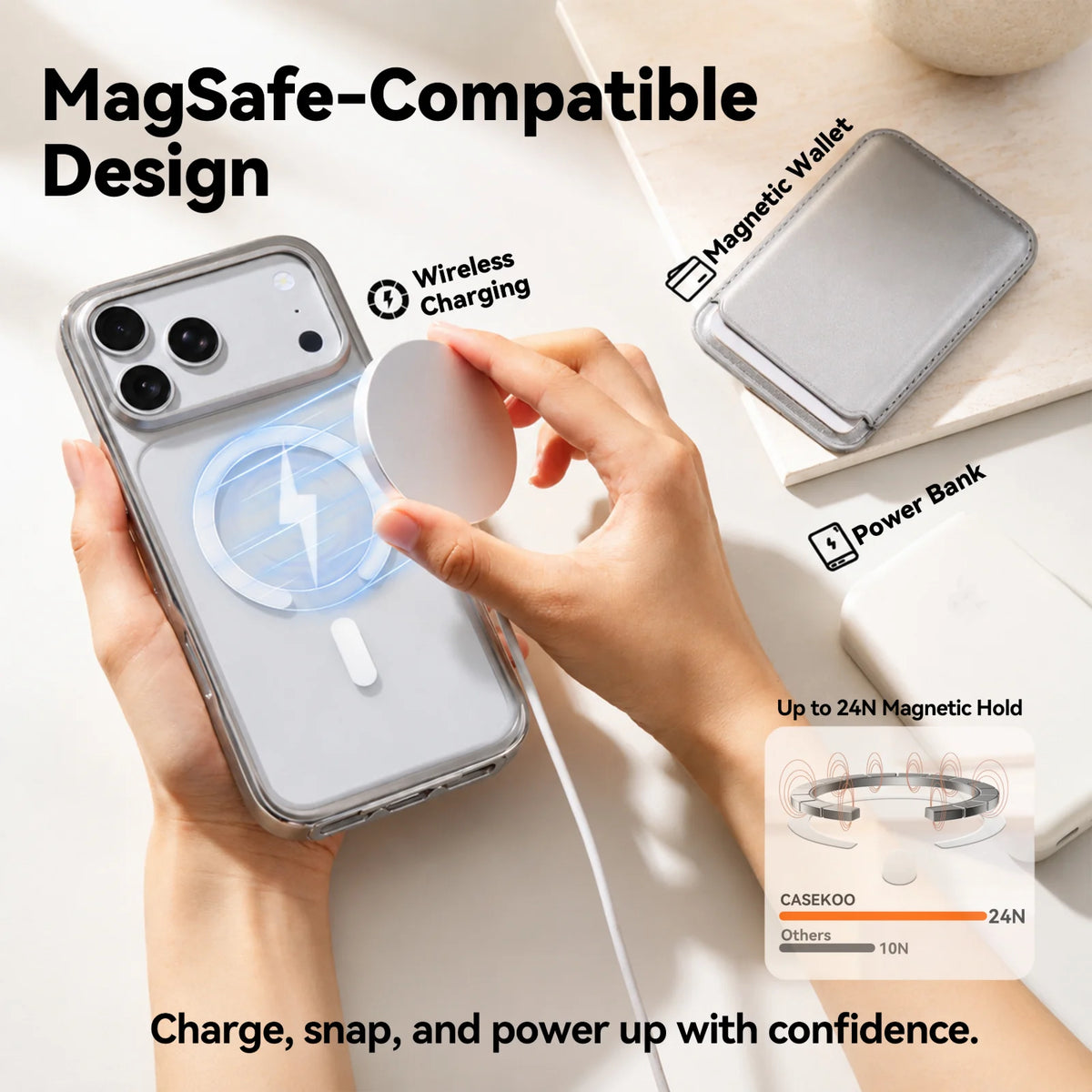 ワイヤレス充電器、マグネット式ウォレット、モバイルバッテリーとの使用を紹介する、MagSafe対応CASEKOO LinKOO iPhoneケース。