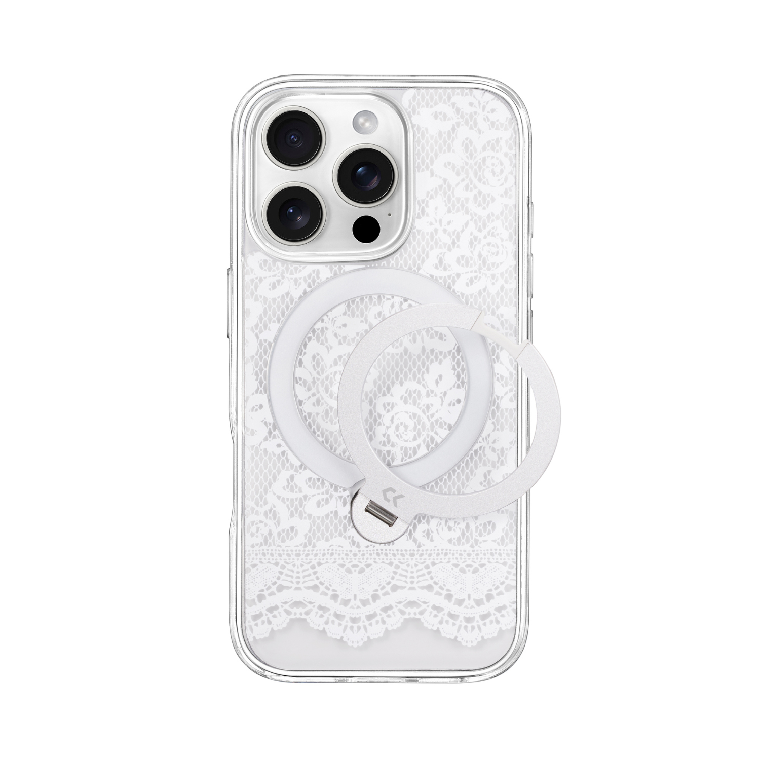 front view of white lace iphone case showing the design