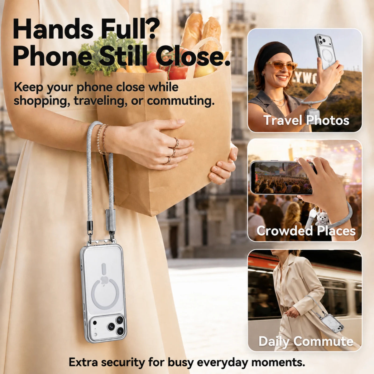 買い物、旅行先での撮影、イベント、通勤時に、CASEKOO LinKOOのリストストラップでiPhoneを手元に持ち歩く使用例。