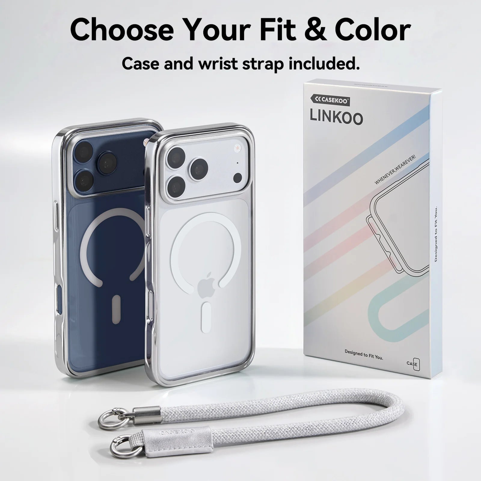 青と白のiPhoneに装着したCASEKOO LinKOOケースと、パッケージ、付属の白いリストストラップ。