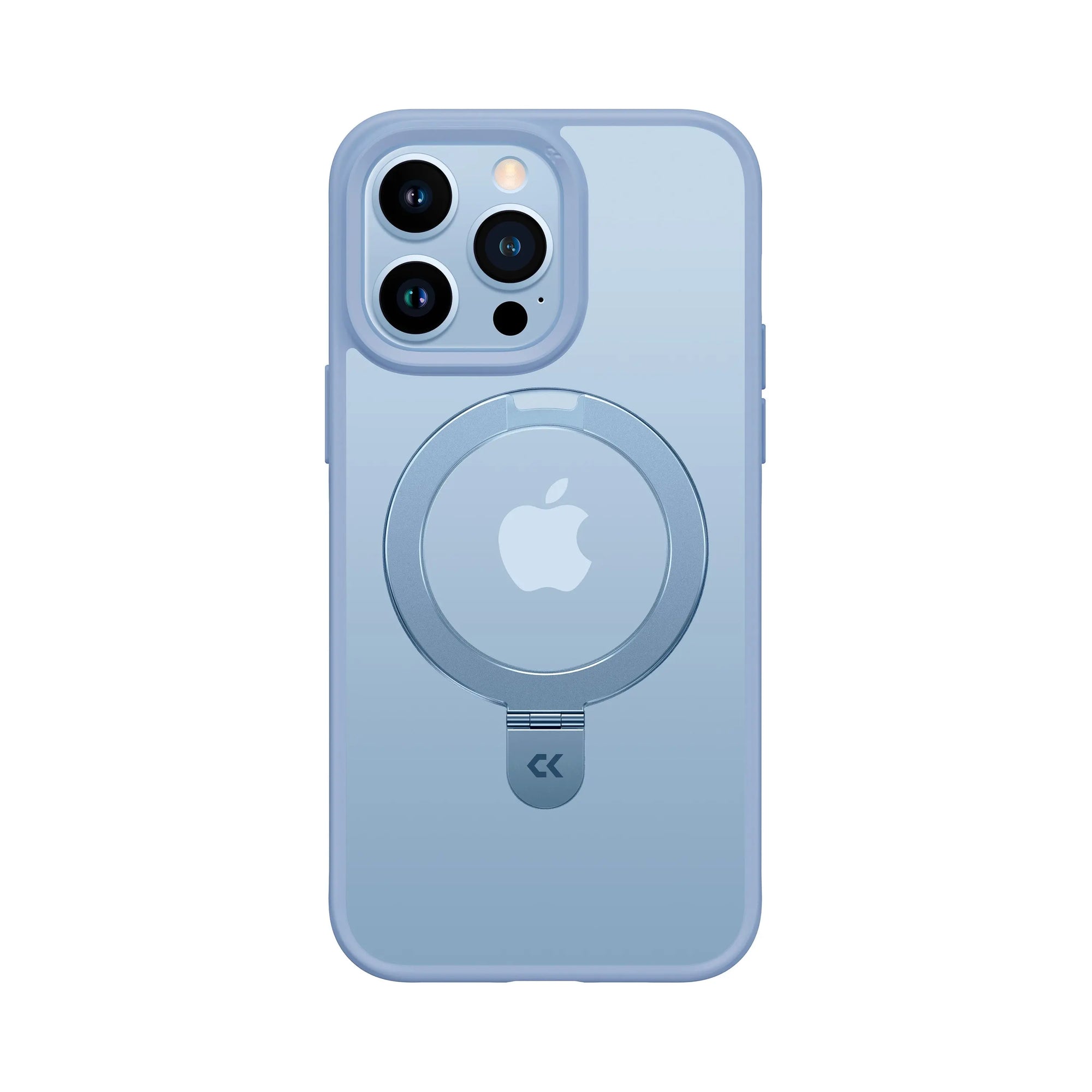 front view of baby blue matte magic stand iphone case showing the design