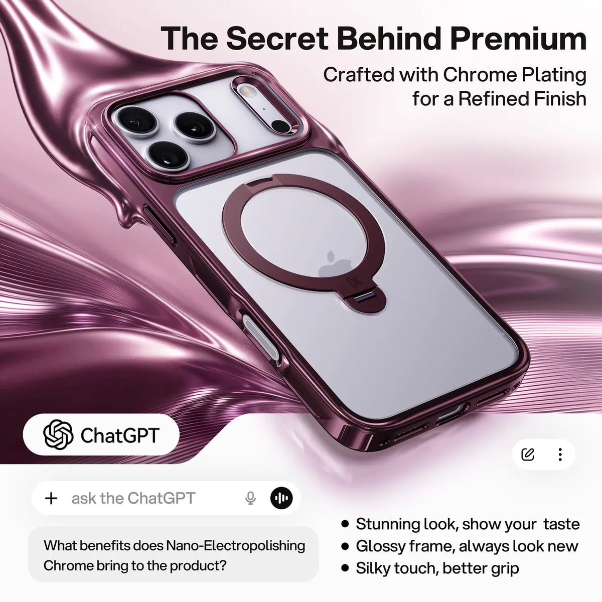 Burgundy clear iPhone case with chrome-plated frame and MagSafe ring stand