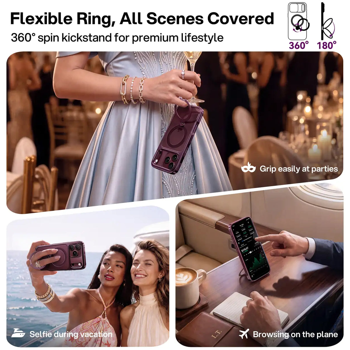 Clear iPhone case with rotating ring grip for selfies, travel and hands-free viewing