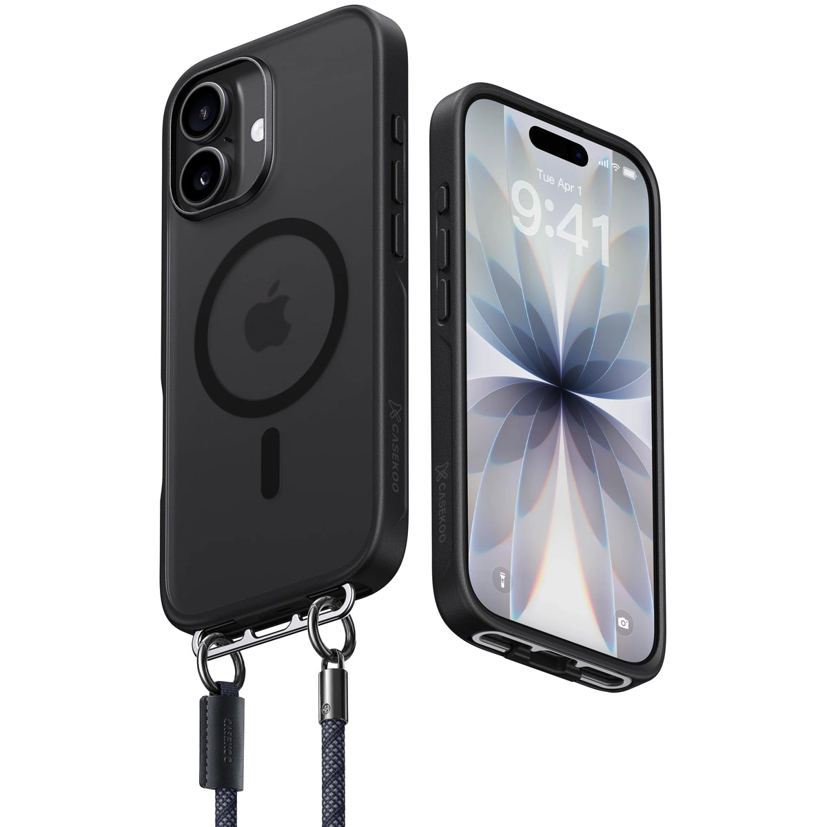 CASEKOO LinKOOブラックケースの前面と背面。マットな背面、濃色のマグネットリング、ストラップ、縦型2眼カメラが見える。