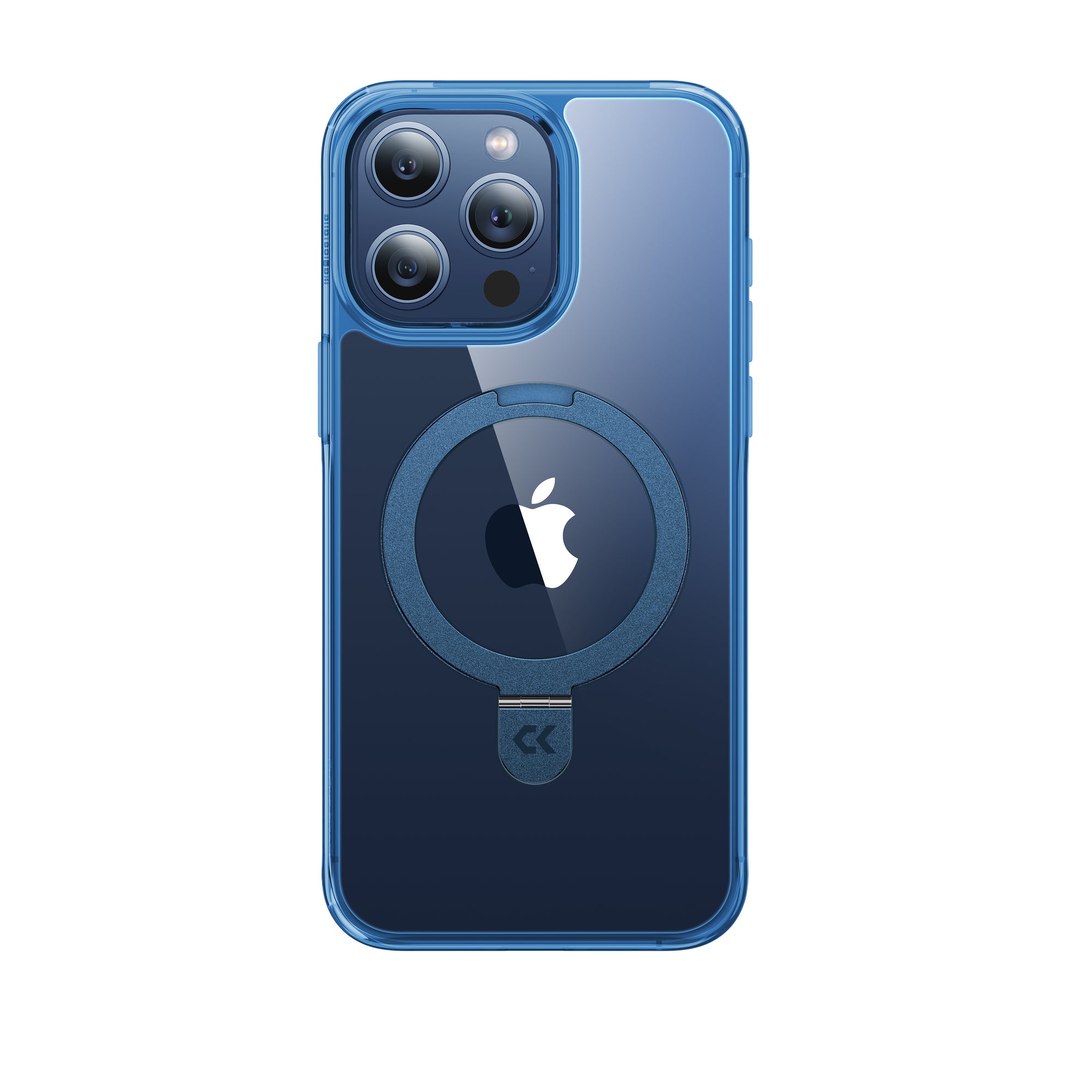 front view of clear deep blue magic stand basic iphone case showing the design