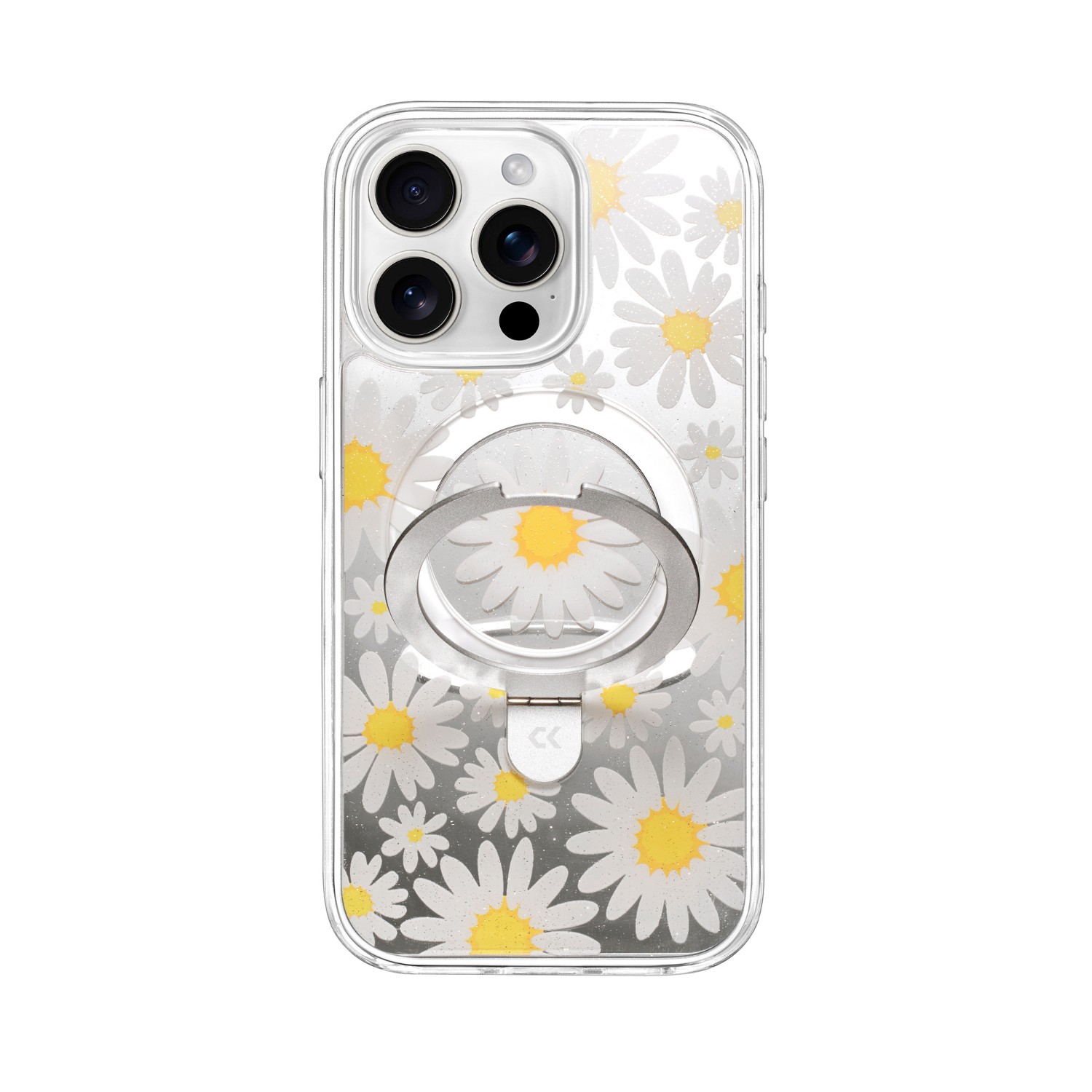 front view of glitter daisy magic stand iphone case showing the design