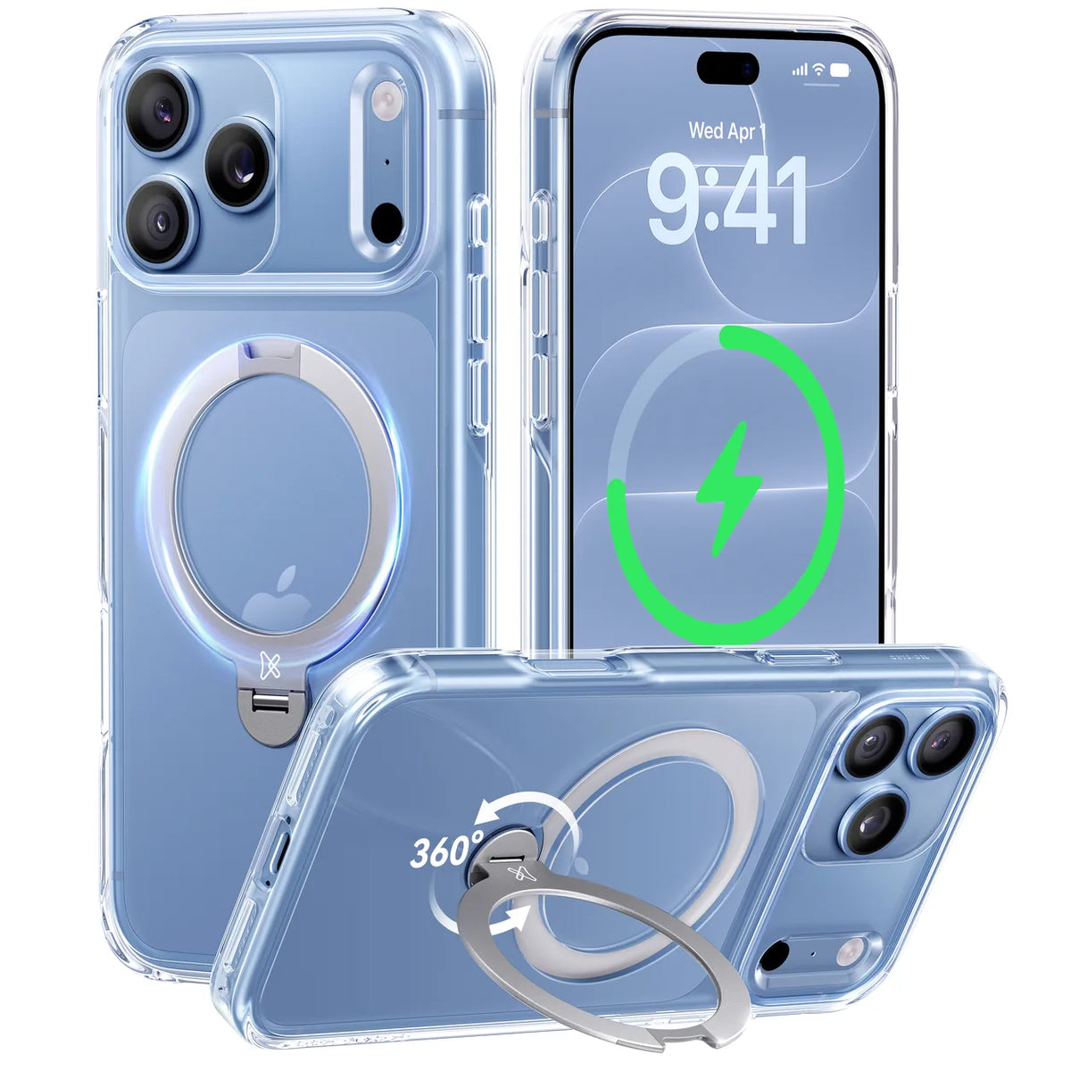 Clear phone case on a blue phone with a silver rotating ring stand and wireless charging graphic.
