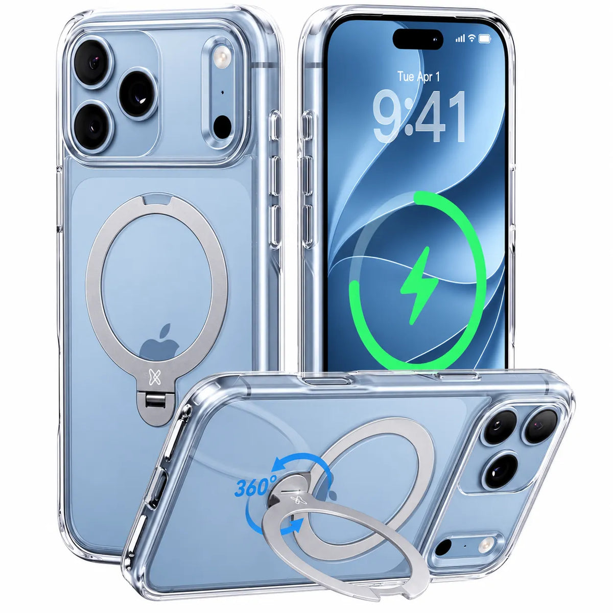 Glacier Blue clear iPhone 18 Pro and Pro Max MagSafe case with 360-degree stand