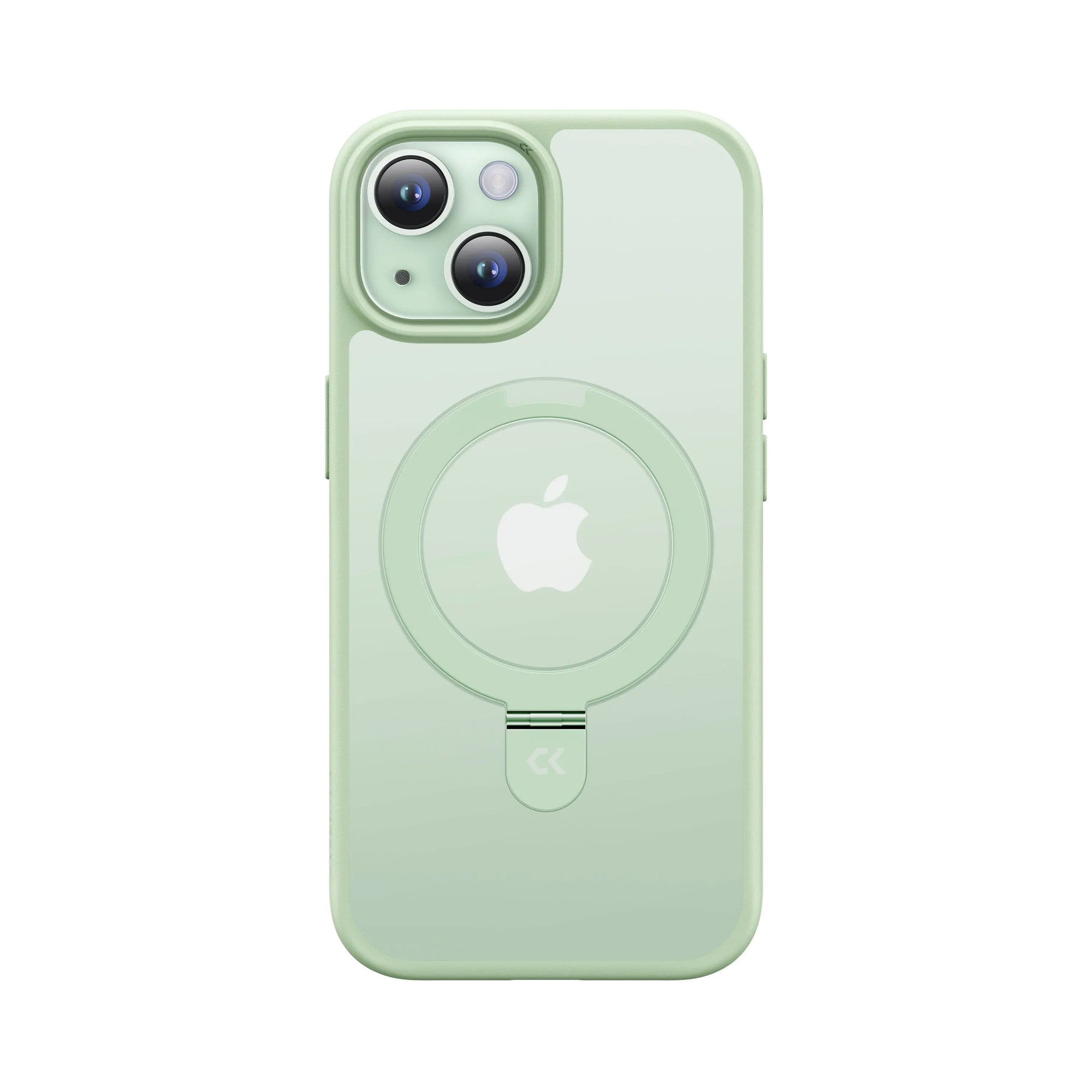 front view of light green matte magic stand iphone case showing the design