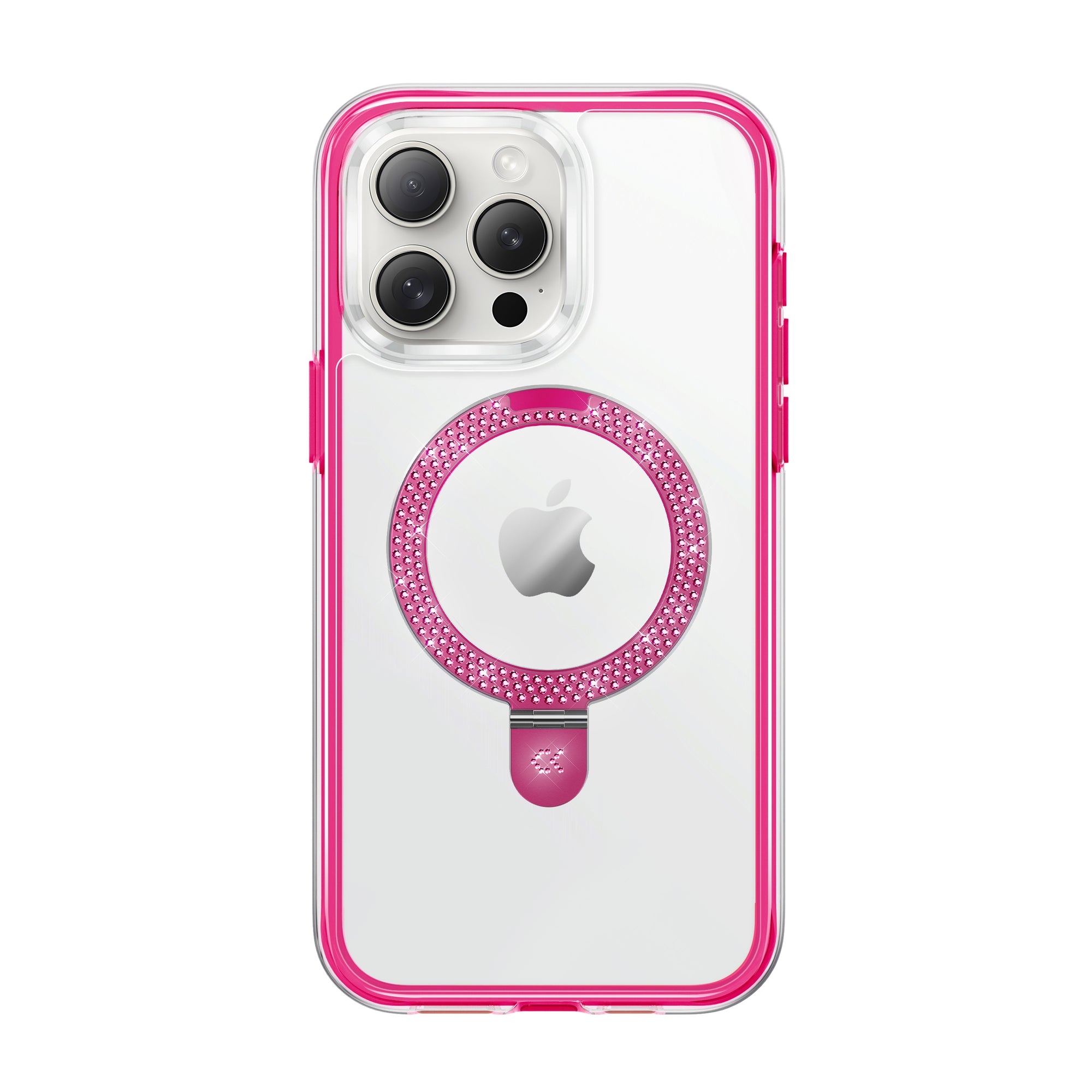 front view of crystal-inlayed glitter pink magic stand air cushion iphone case showing the design