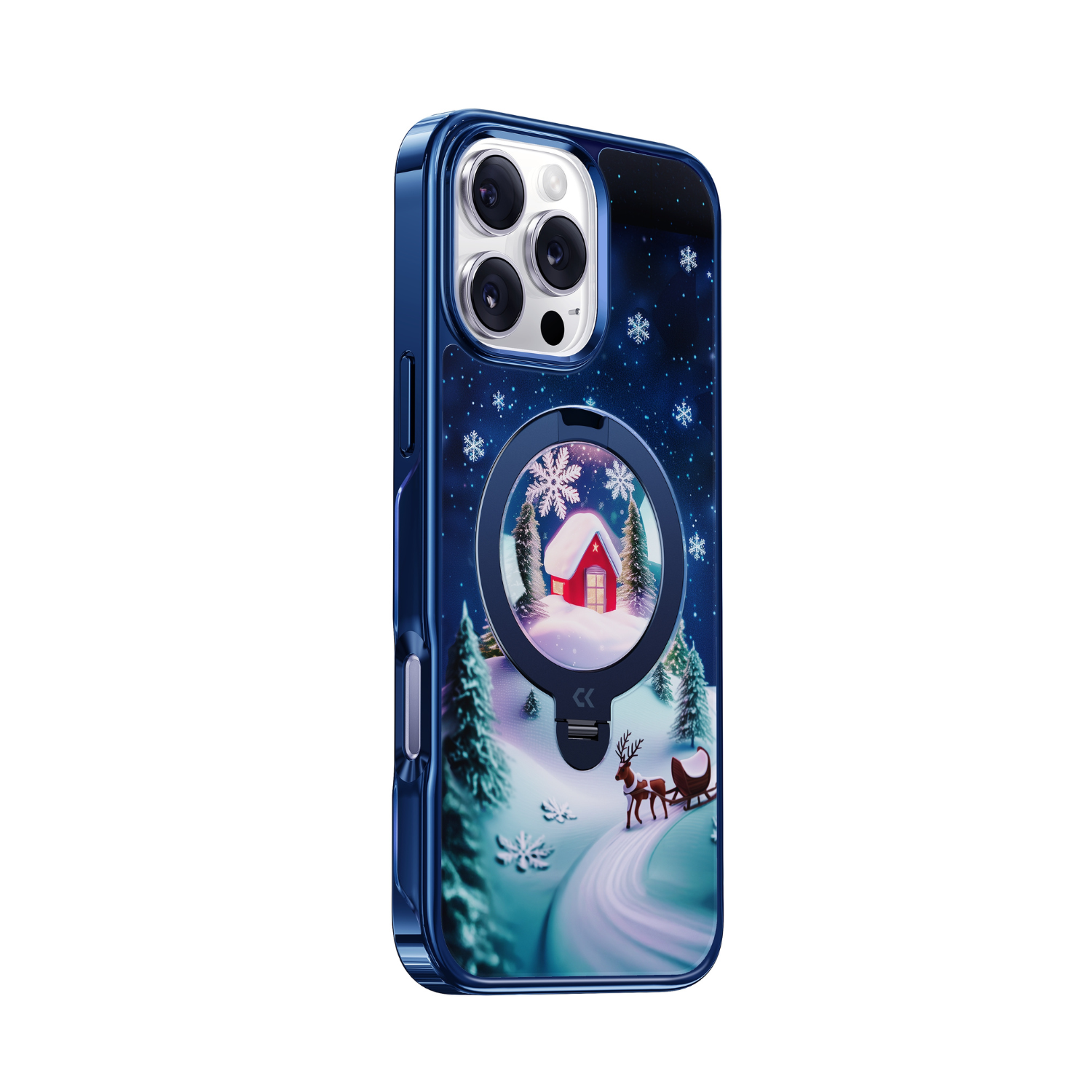 side view of christmas winter wonderland iphone case showing the design