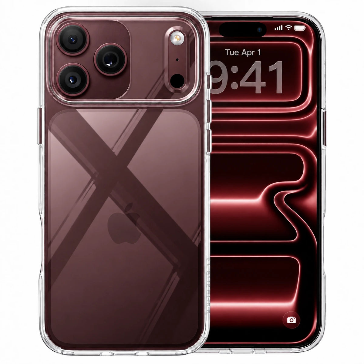 Transparent phone case on a burgundy phone, shown from the front and back on a white background.