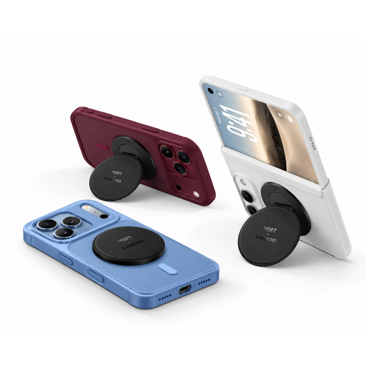 Three phones showing black MOFT stands in unfolded landscape, unfolded portrait, and folded positions