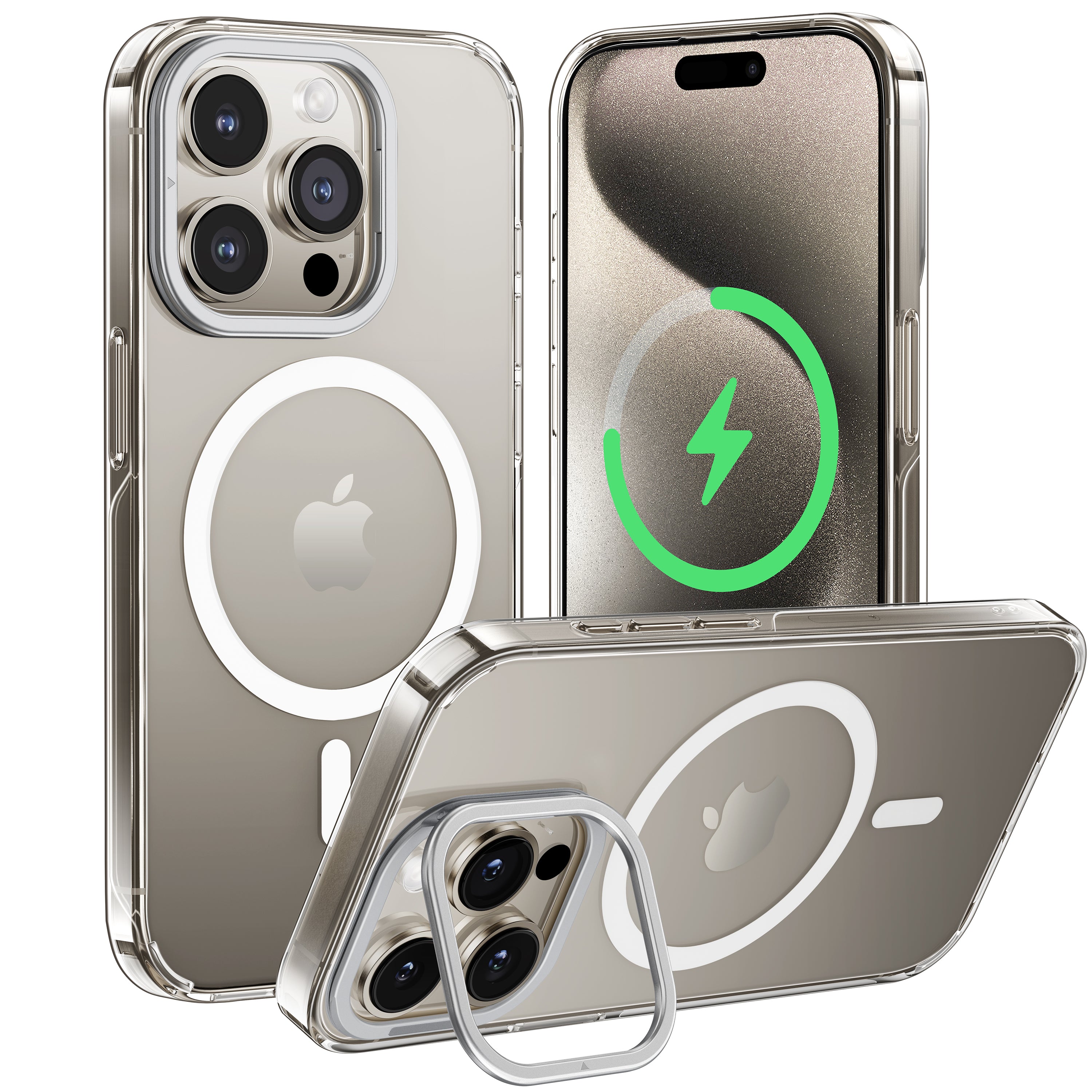 CASEKOO iPhone 黄ばみ防止クリア電話ケース キックスタンド付き MagSafe 対応 - クリアロックシリーズ レンズスタンドバージョン