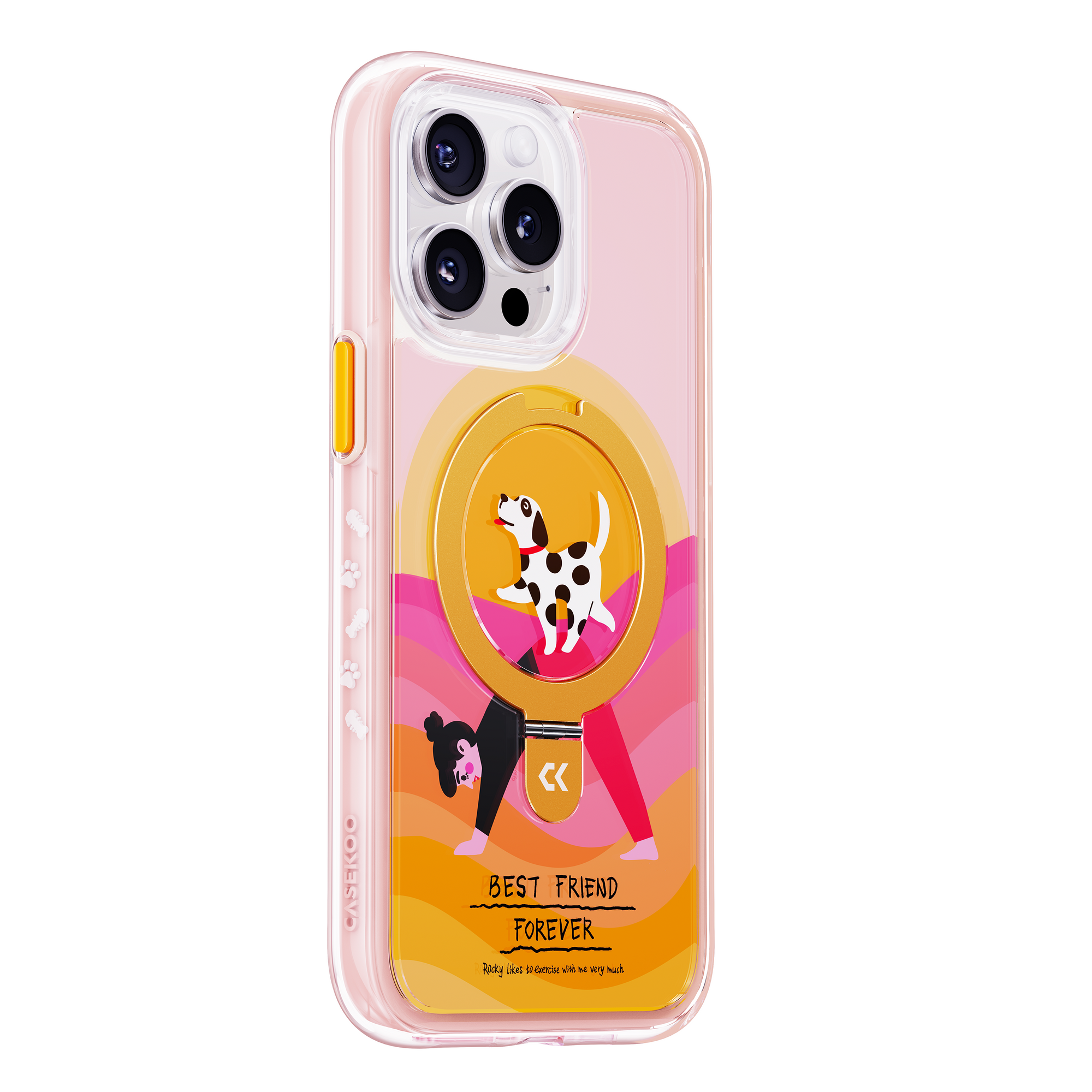 side view of Play With Doggy air cushion magic stand iphone case showing the design