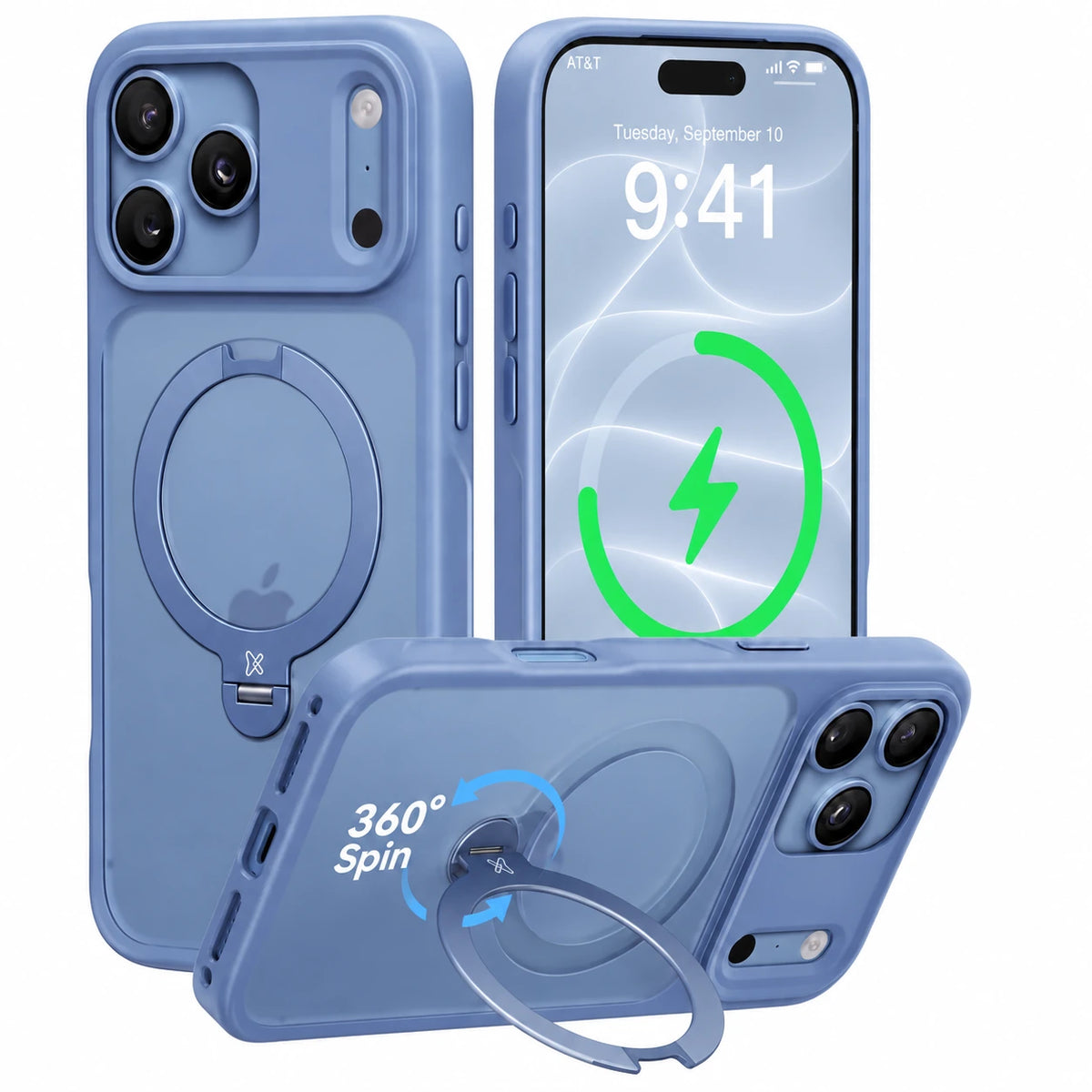 Glacier Blue matte iPhone 18 case with MagSafe charging and 360-degree rotating stand