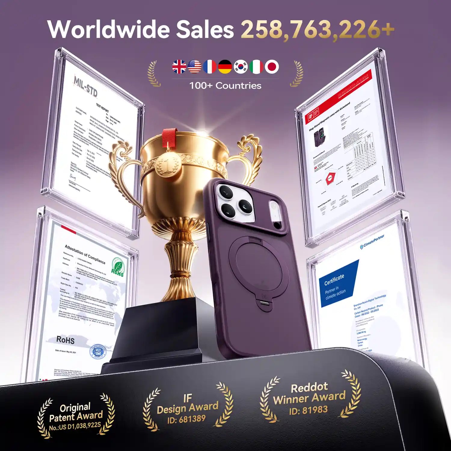 StandKOO Frost Cherry Lush iPhone case displayed with design awards and product certifications