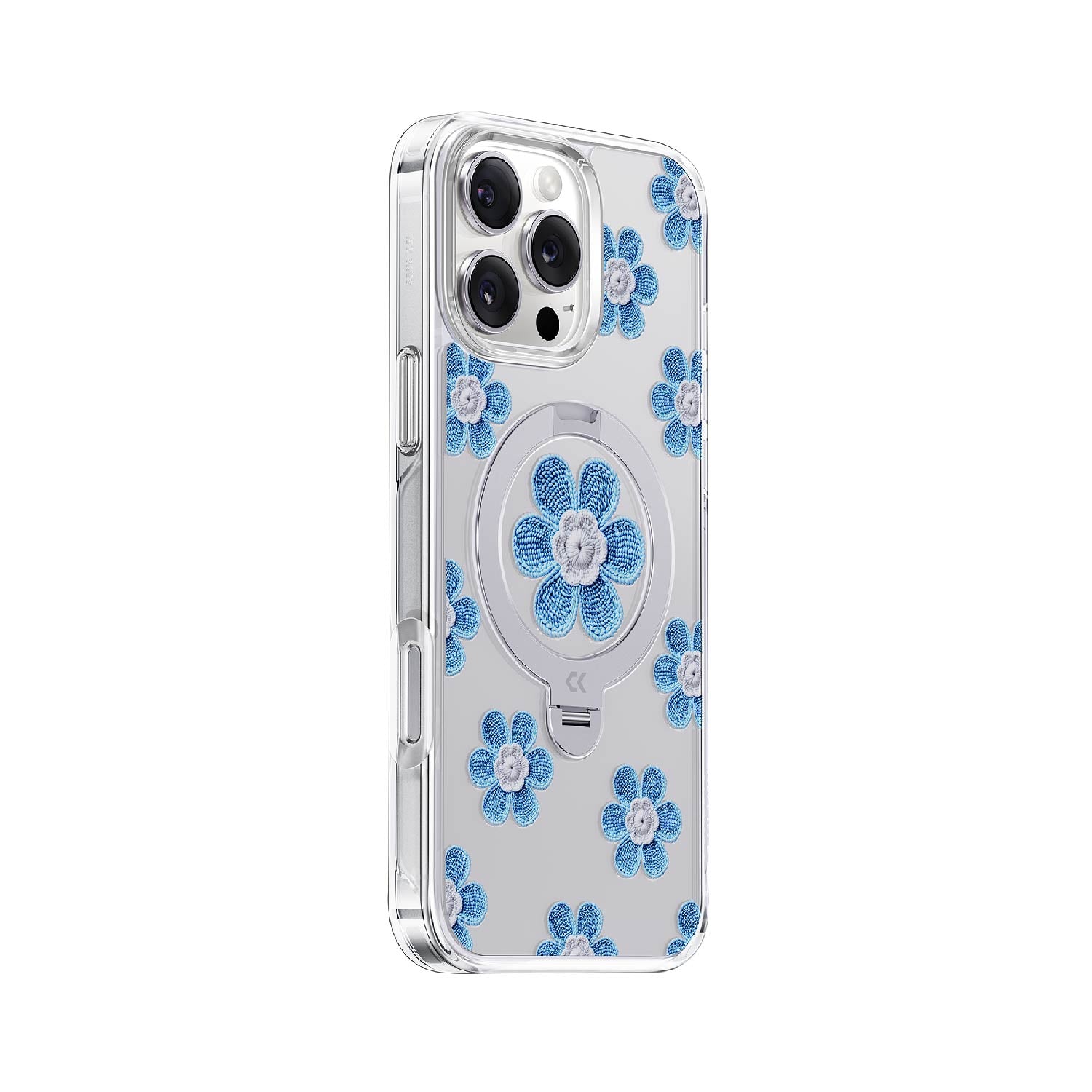 side view of the blue blossom iphone case showing the design