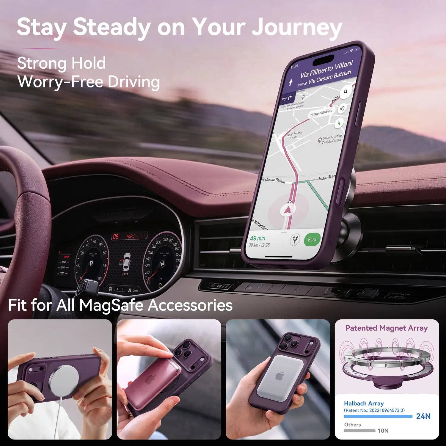 StandKOO Frost Cherry Lush iPhone case attached to a magnetic car mount and MagSafe accessories
