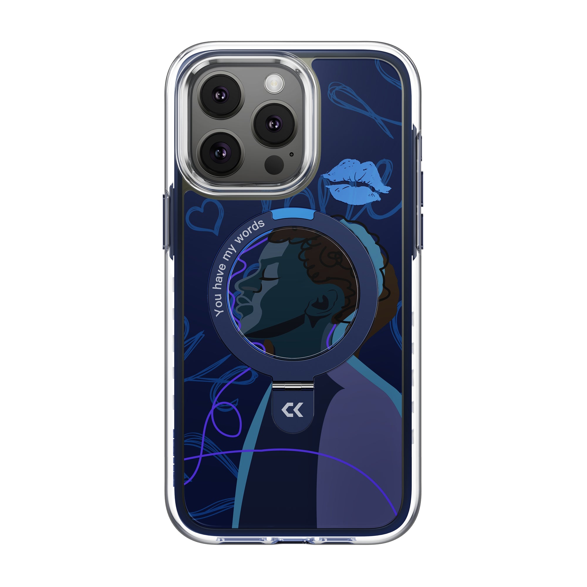 front view of the blue airlov valentines iphone case showing the design