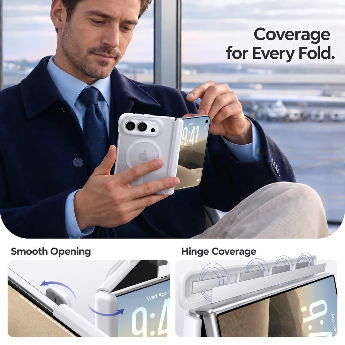 Male traveler using the Star White iPhone Duo case, with folding and hinge coverage details