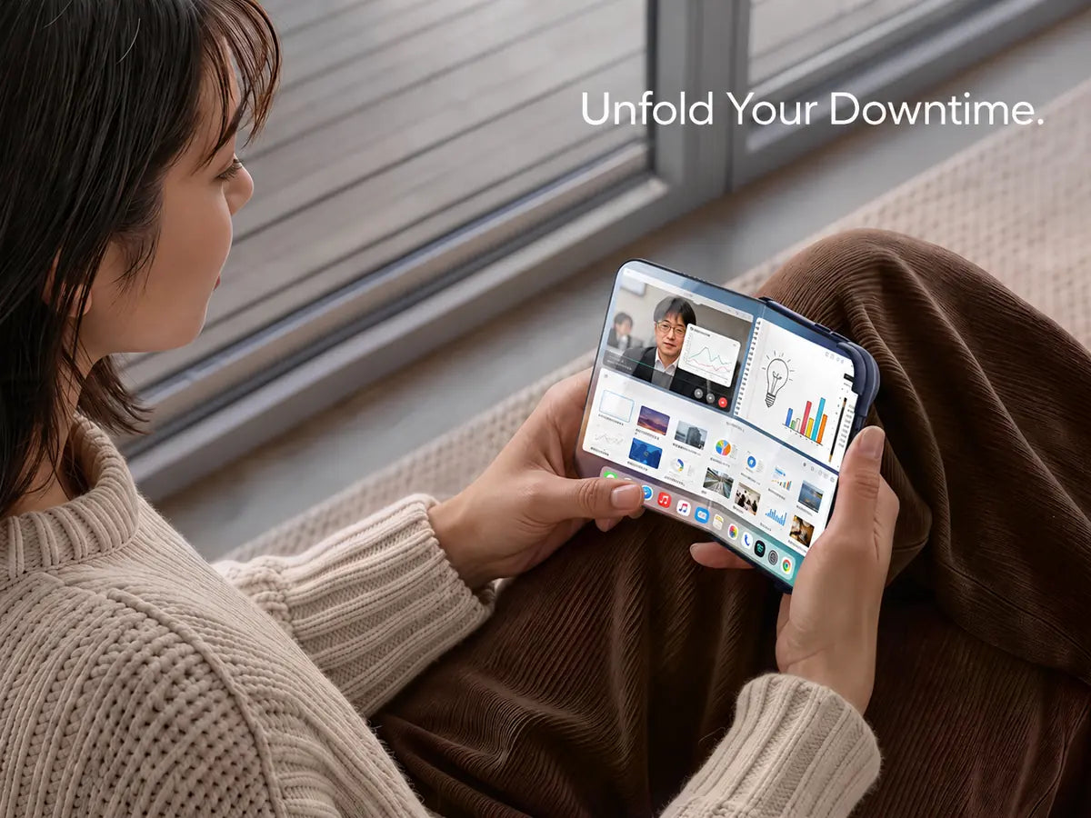 Woman using an unfolded phone in a CASEKOO case at home