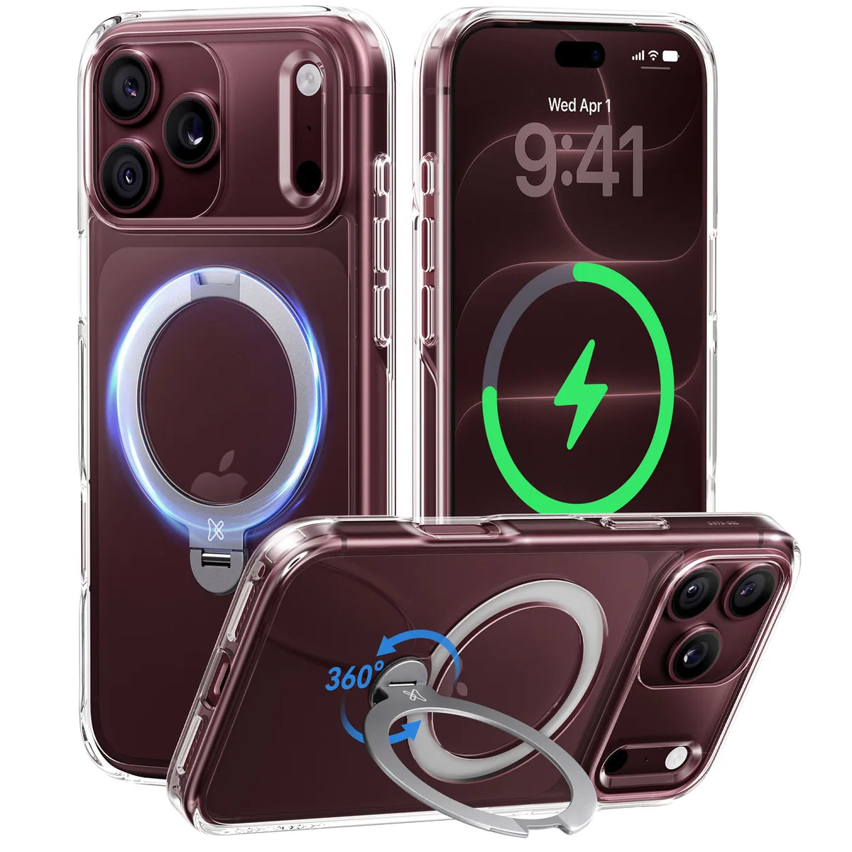 Clear phone case on a burgundy phone with a silver rotating ring stand and wireless charging graphic.