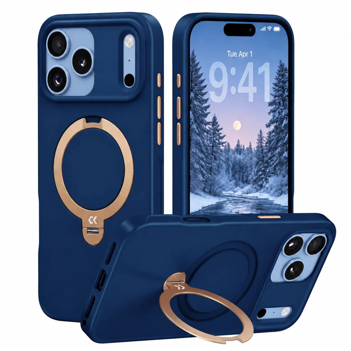 StandKOO Frost Contrast Midnight Blue case with original navy camera protection and Glacier phone