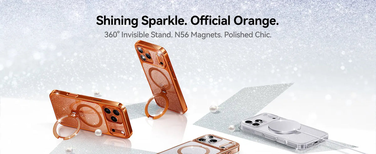 Two Vivid Orange StandKOO Glitter cases showing the 360 degree rotating stand