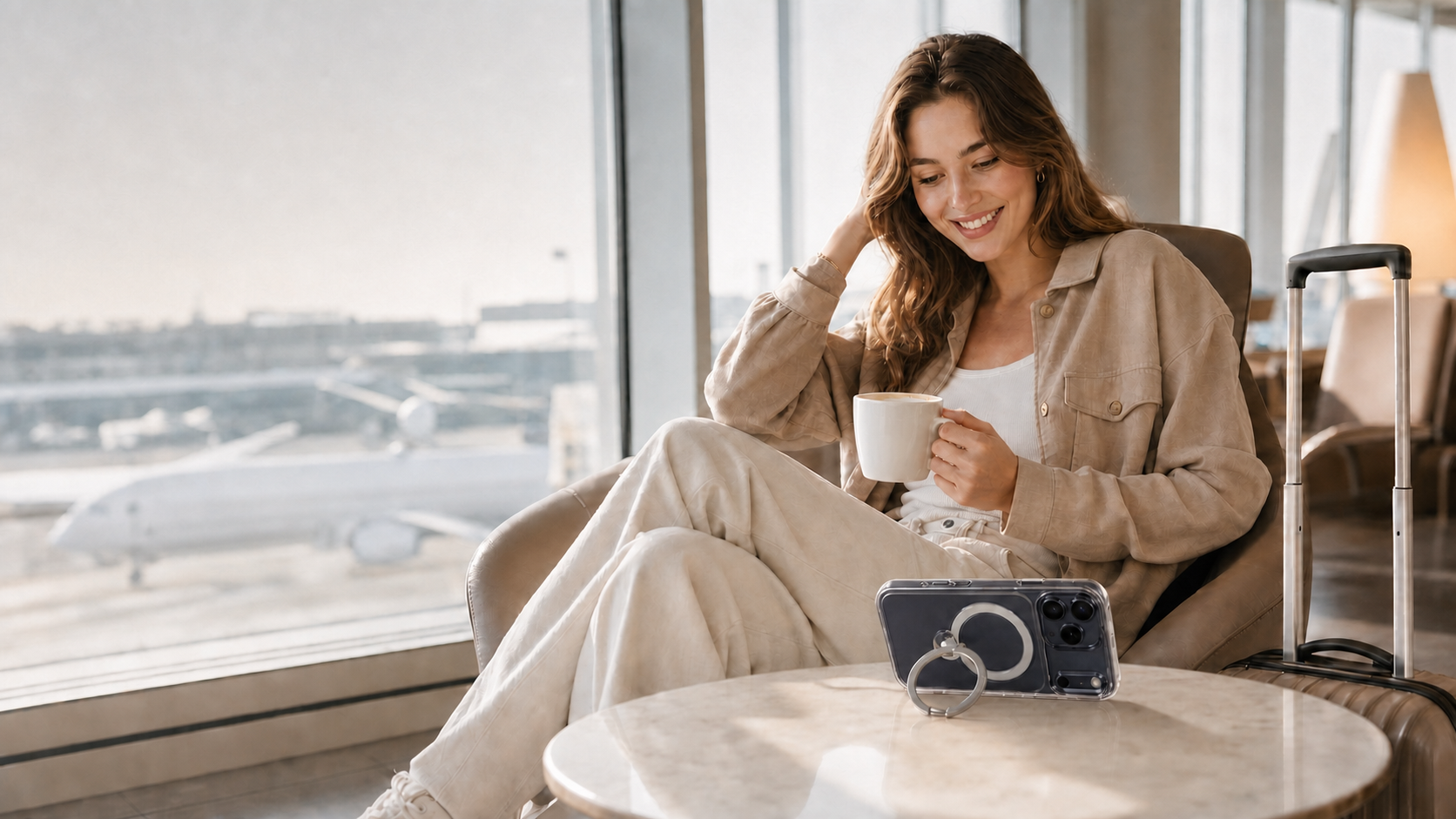 Woman at an airport lounge using the Crystal Clear StandKOO Halo case hands-free