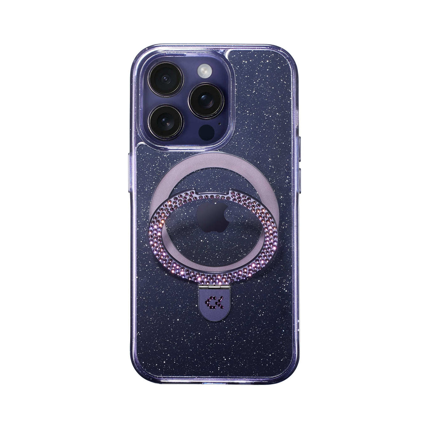 front view of crystal-inlayed glitter purple magic stand iphone case showing the design