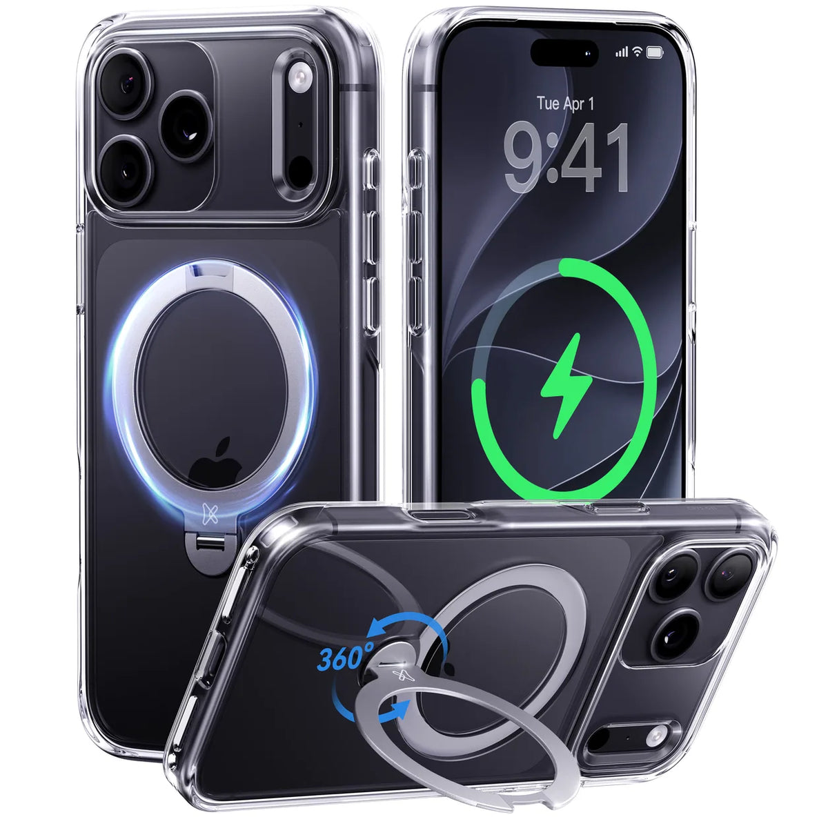 Clear phone case on a black phone with a silver rotating ring stand and wireless charging graphic.