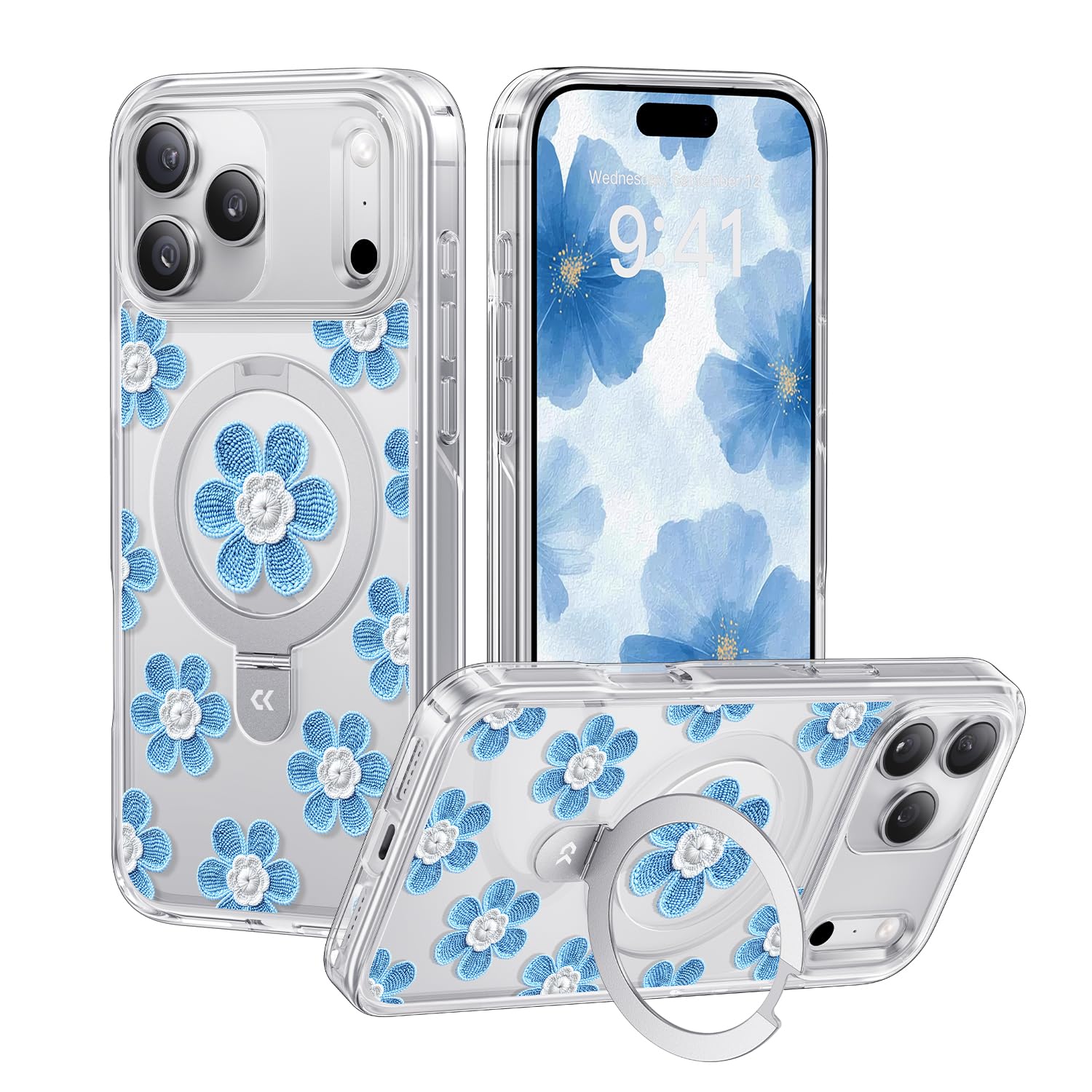 CASEKOO Floral Series Blue Flowers Phone Case with Magnetic Ring Stand
