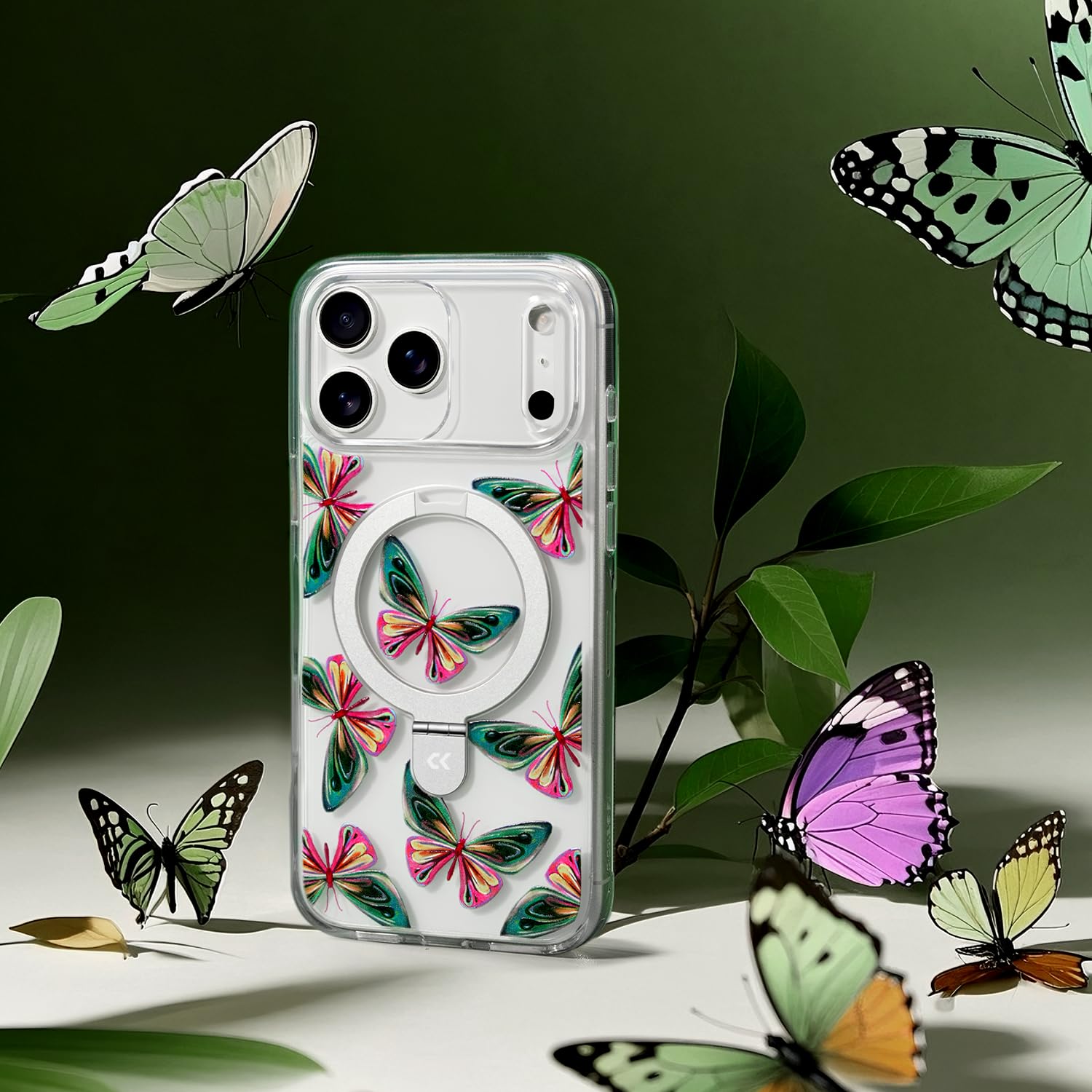CASEKOO Floral Series Dancing Butterfly Phone Case with Magnetic Ring Stand