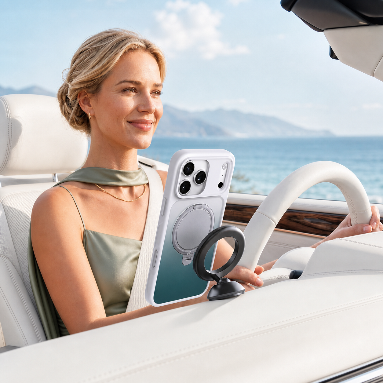 CASEKOO StandKOO Frost Gradient Green case connected securely to a magnetic car mount