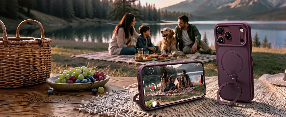 Family picnic using StandKOO Frost as a hands-free stand